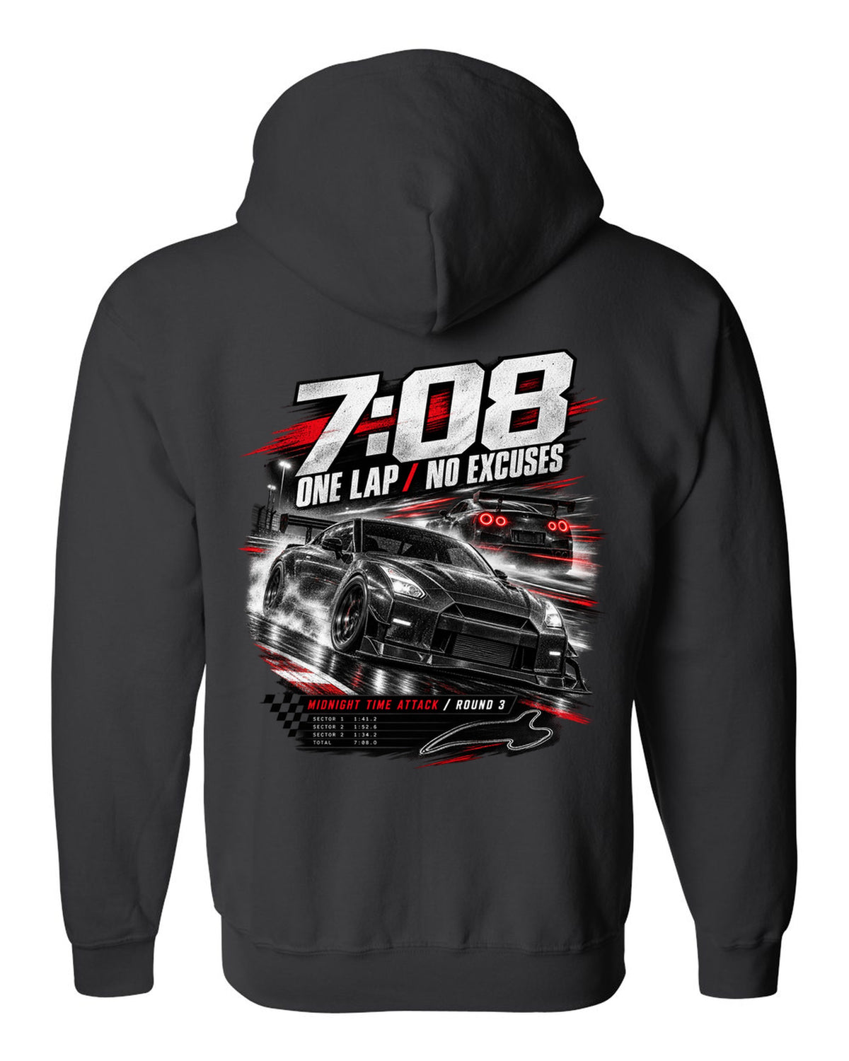 Race poster of a Nismo-style Nissan GT-R R35 with 7:08 one lap and Midnight Time Attack lettering black zip hoodie back view with the design