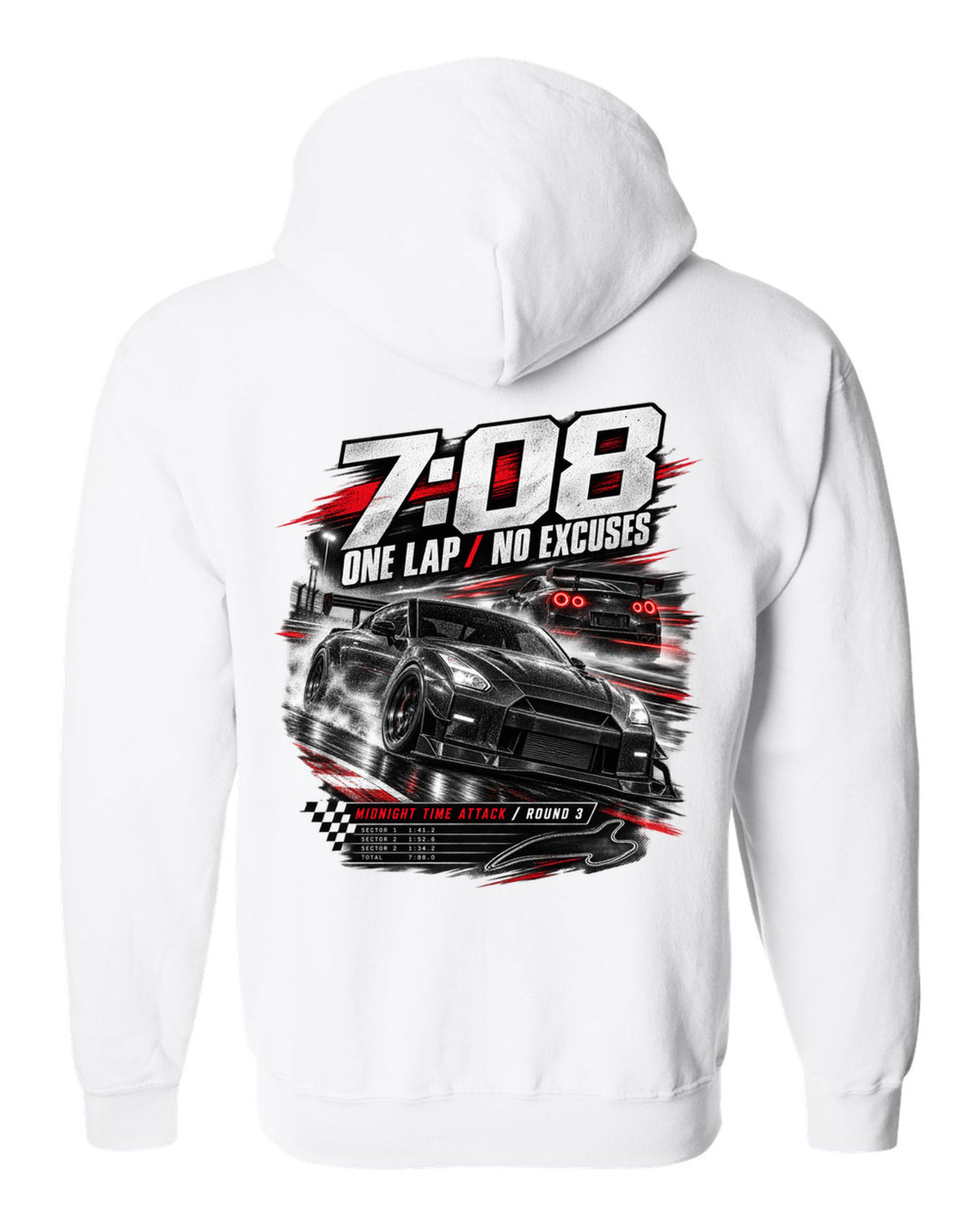 Race poster of a Nismo-style Nissan GT-R R35 with 7:08 one lap and Midnight Time Attack lettering white zip hoodie back view with the design