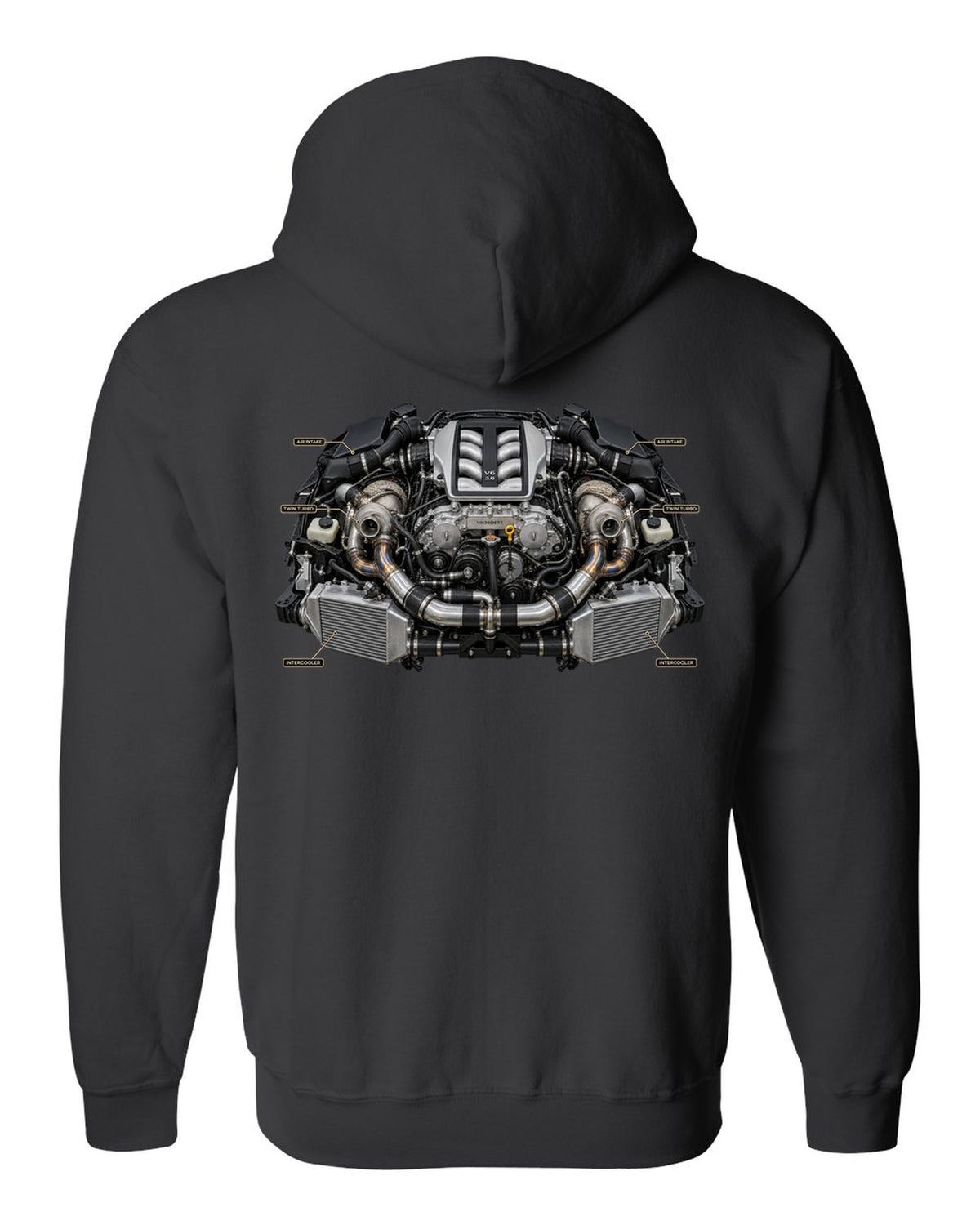Nissan GT-R R35 Nismo three-view spec table print in graphite grey and red black zip hoodie back view with the design