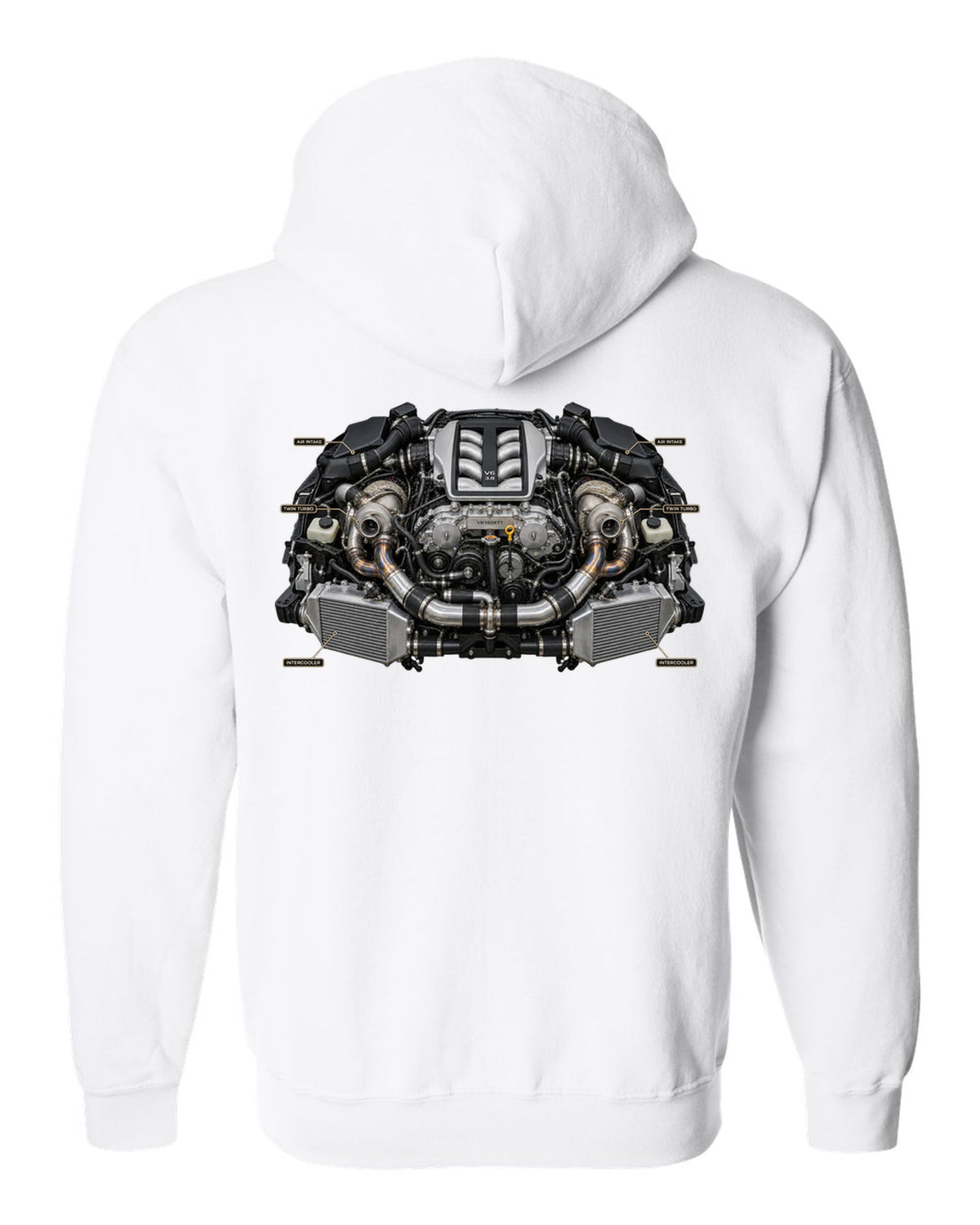 Nissan GT-R R35 Nismo three-view spec table print in graphite grey and red white zip hoodie back view with the design
