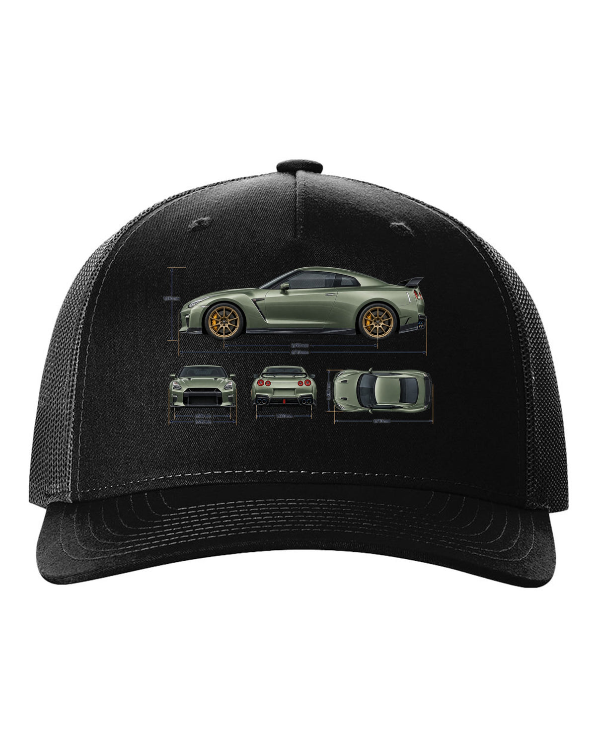 Nissan GT-R R35 rear three-quarter in red halftone showing four round taillights black hat front view with the design