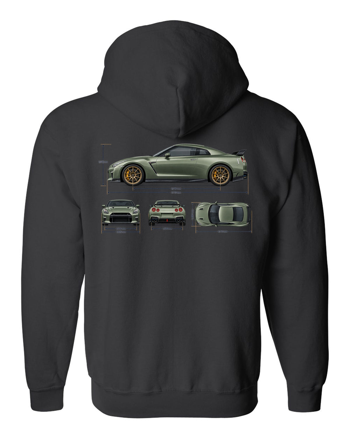 Nissan GT-R R35 rear three-quarter in red halftone showing four round taillights black zip hoodie back view with the design