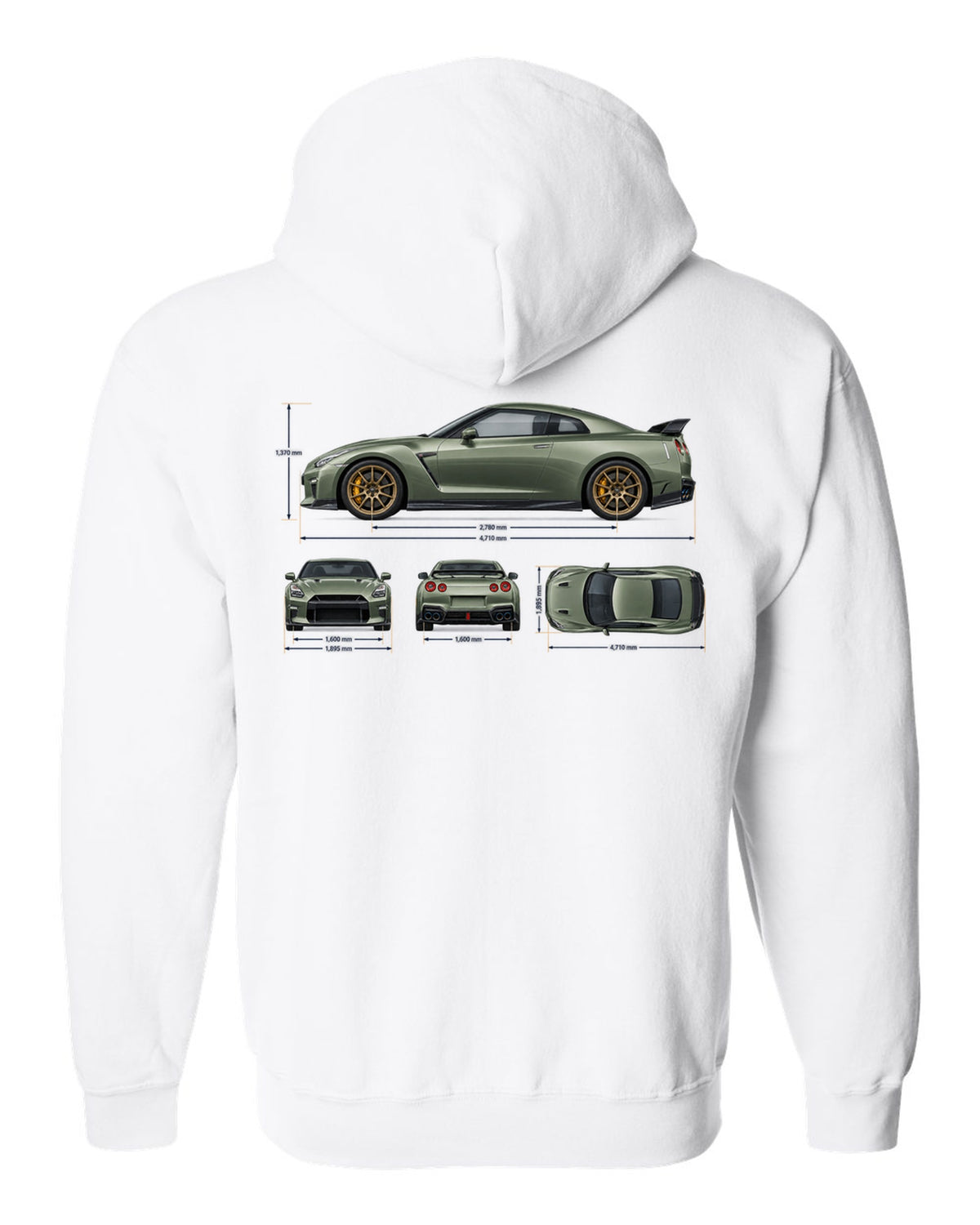 Nissan GT-R R35 rear three-quarter in red halftone showing four round taillights white zip hoodie back view with the design
