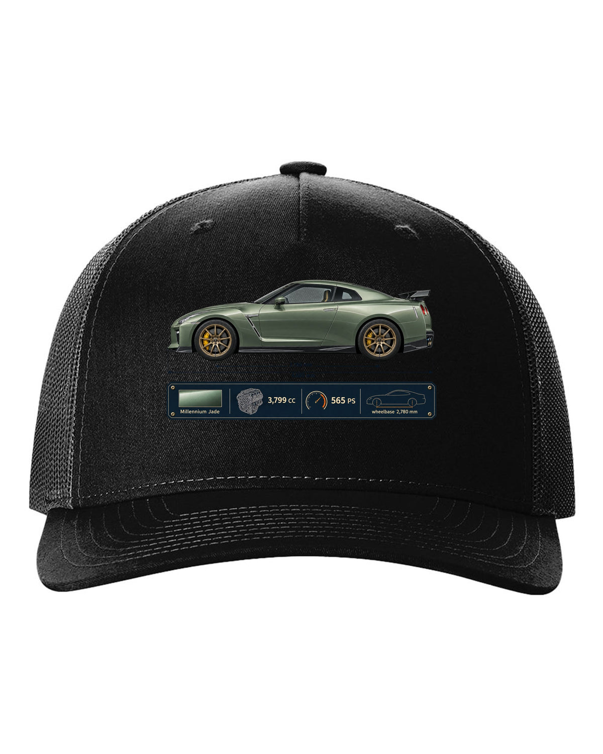 Nissan GT-R R35 T-spec Millennium Jade blueprint print black hat front view with the design