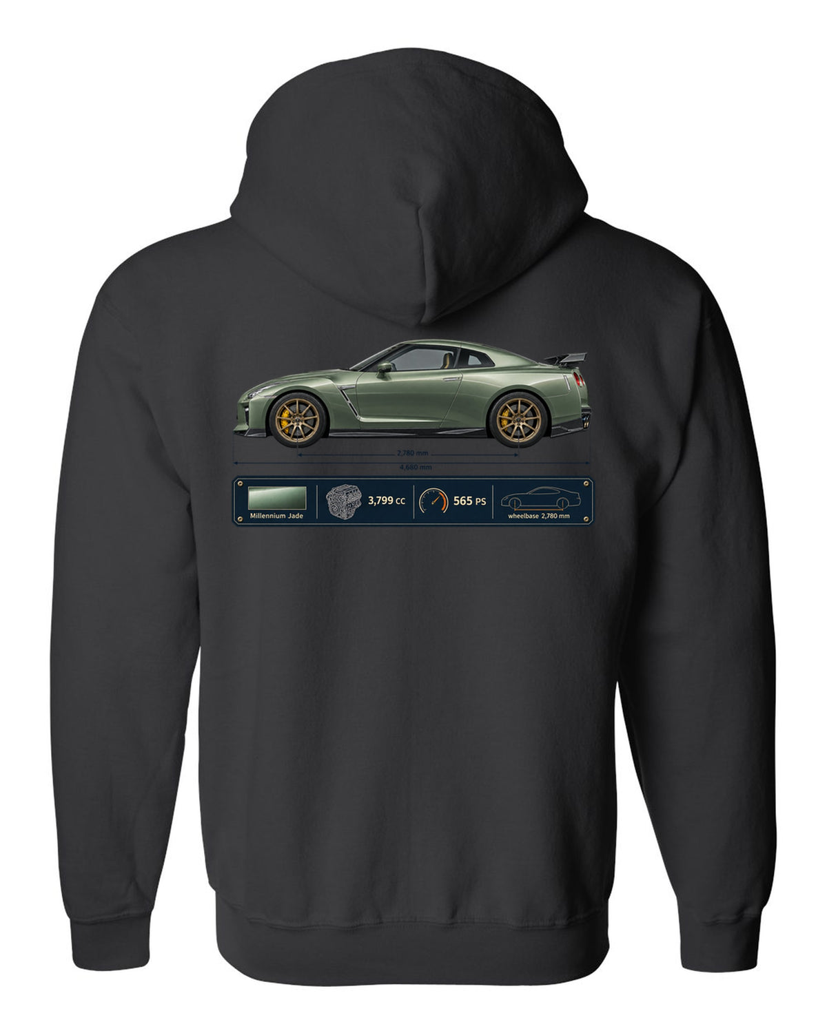 Nissan GT-R R35 T-spec Millennium Jade blueprint print black zip hoodie back view with the design