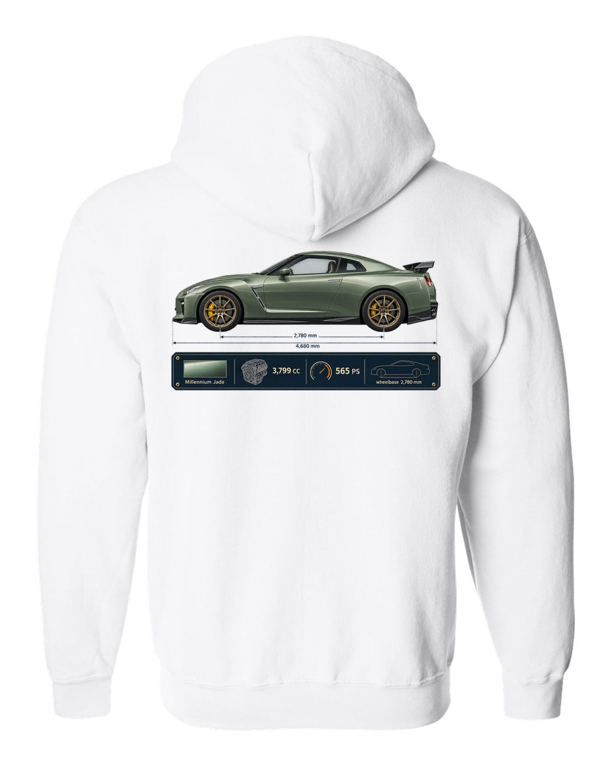 Nissan GT-R R35 T-spec Millennium Jade blueprint print white zip hoodie back view with the design