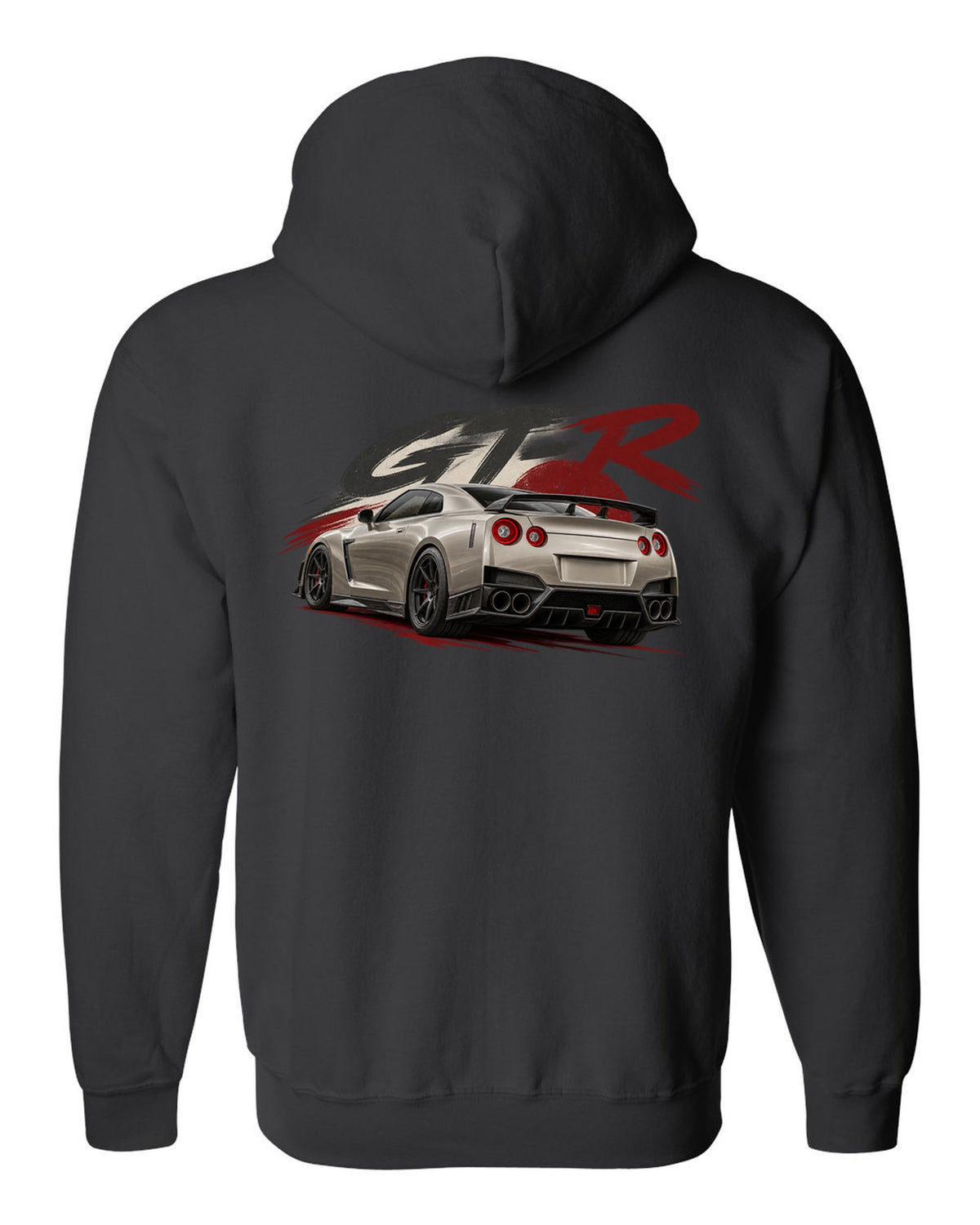 Nissan GT-R R35 VR38DETT engine drawn as a poster-style hero black zip hoodie back view with the design