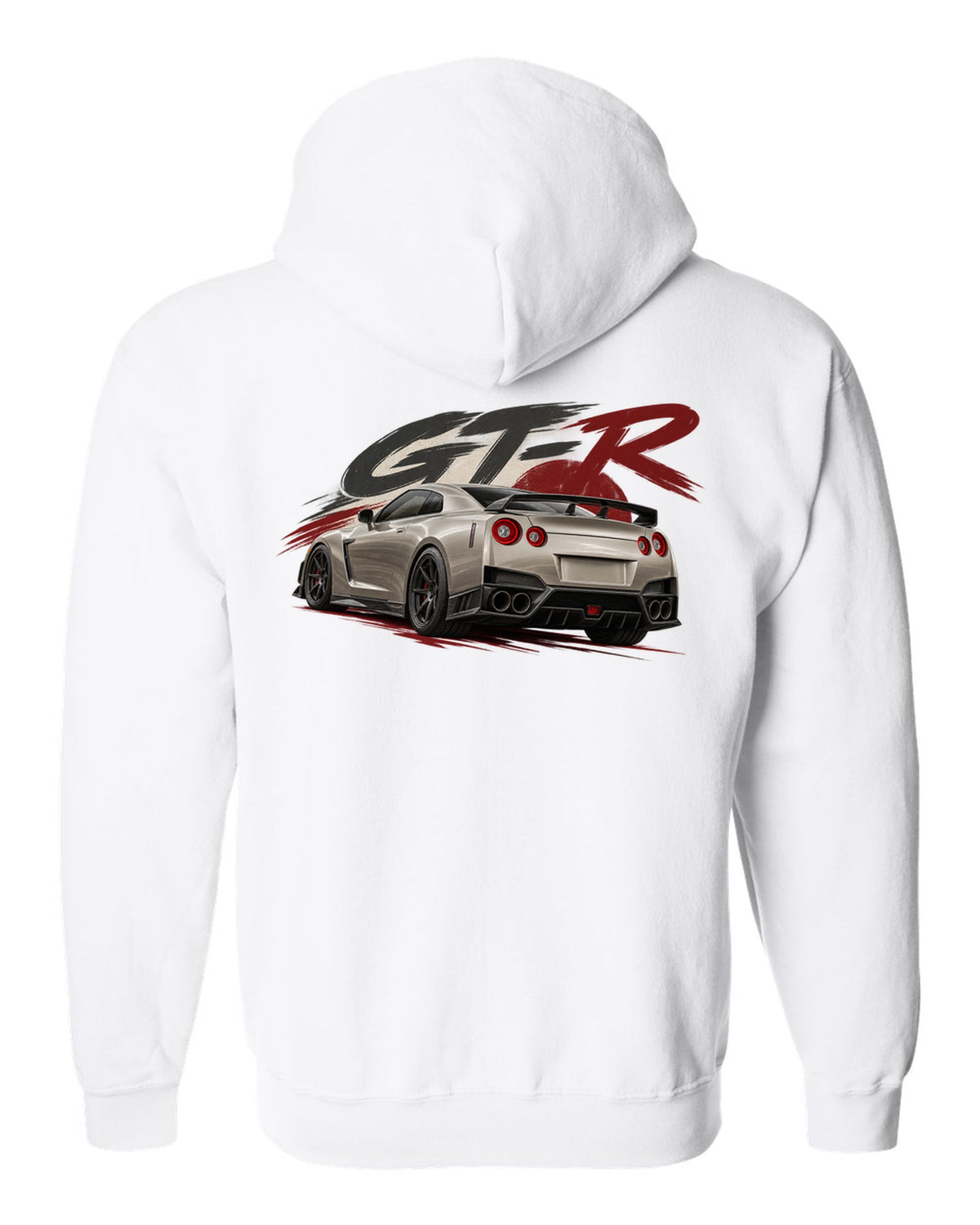 Nissan GT-R R35 VR38DETT engine drawn as a poster-style hero white zip hoodie back view with the design