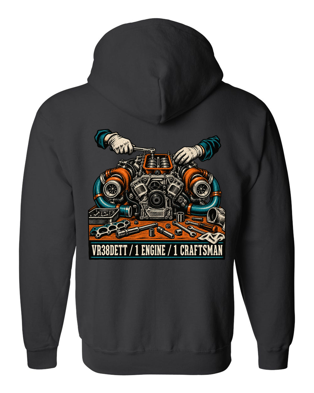 Linocut block-print back design of a Nissan GT-R R35 with VR38DETT engine text black zip hoodie back view with the design