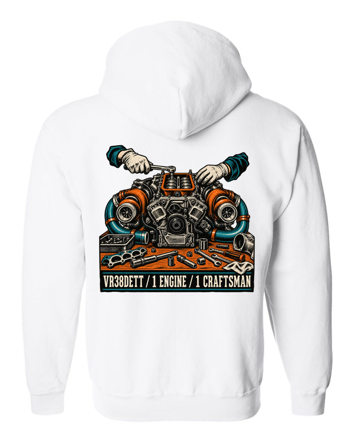 Linocut block-print back design of a Nissan GT-R R35 with VR38DETT engine text white zip hoodie back view with the design