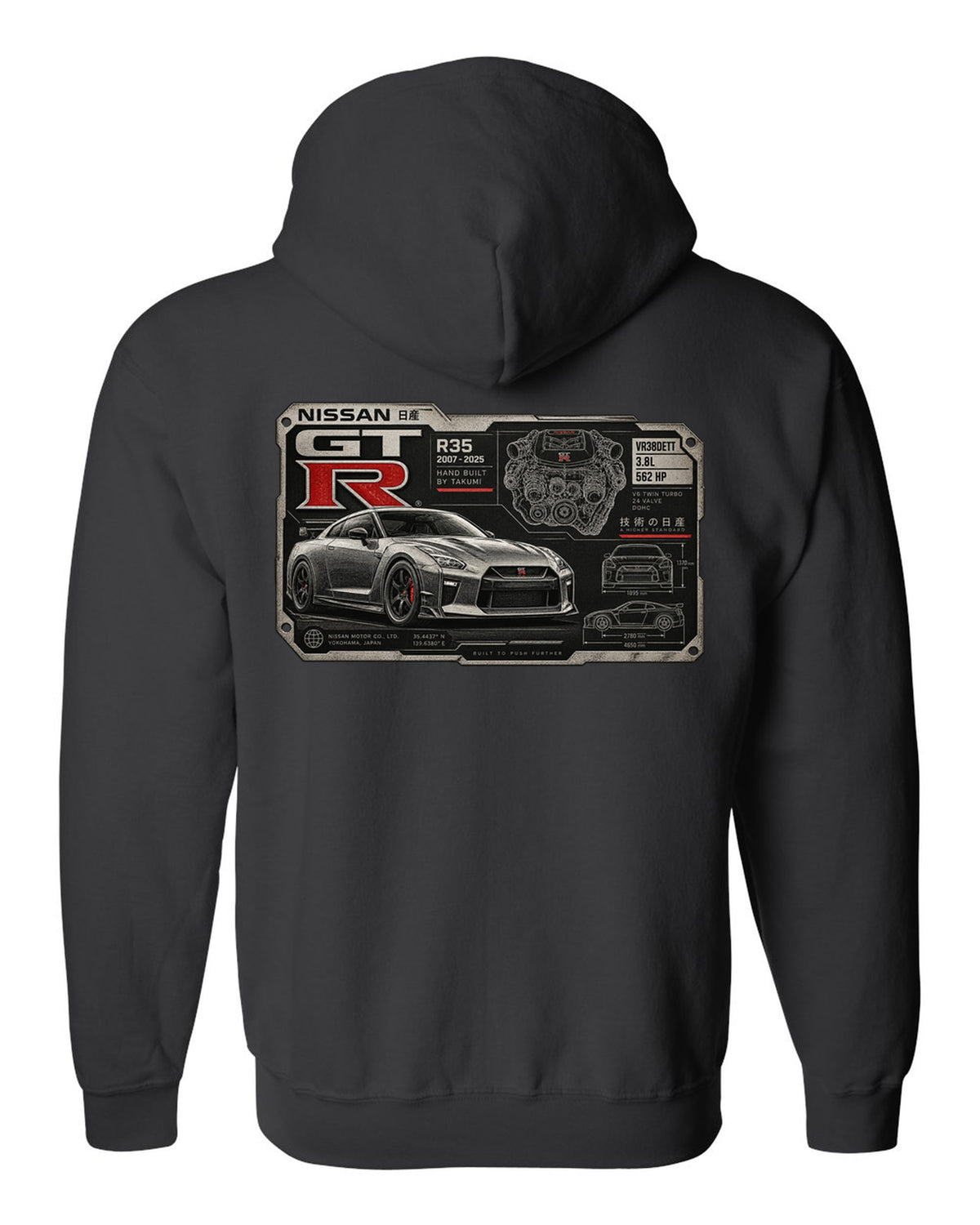 Spec sheet data plate print for the Nissan GT-R R35 showing VR38DETT 3.8L 562 HP black zip hoodie back view with the design