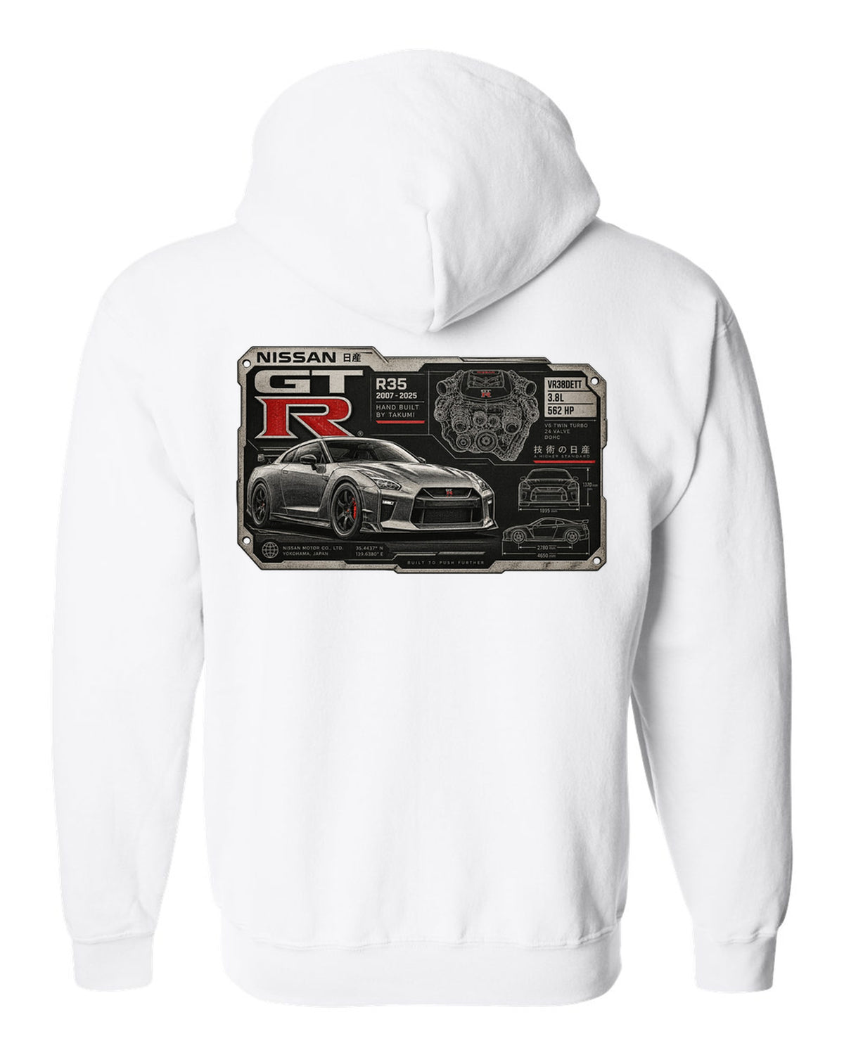 Spec sheet data plate print for the Nissan GT-R R35 showing VR38DETT 3.8L 562 HP white zip hoodie back view with the design