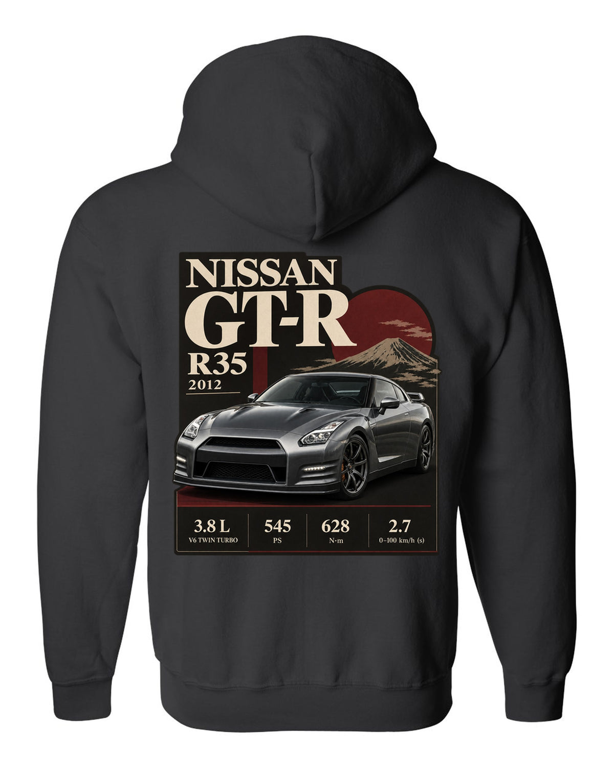 Nissan GT-R R35 2013 Track Edition in dossier panel layout black zip hoodie back view with the design