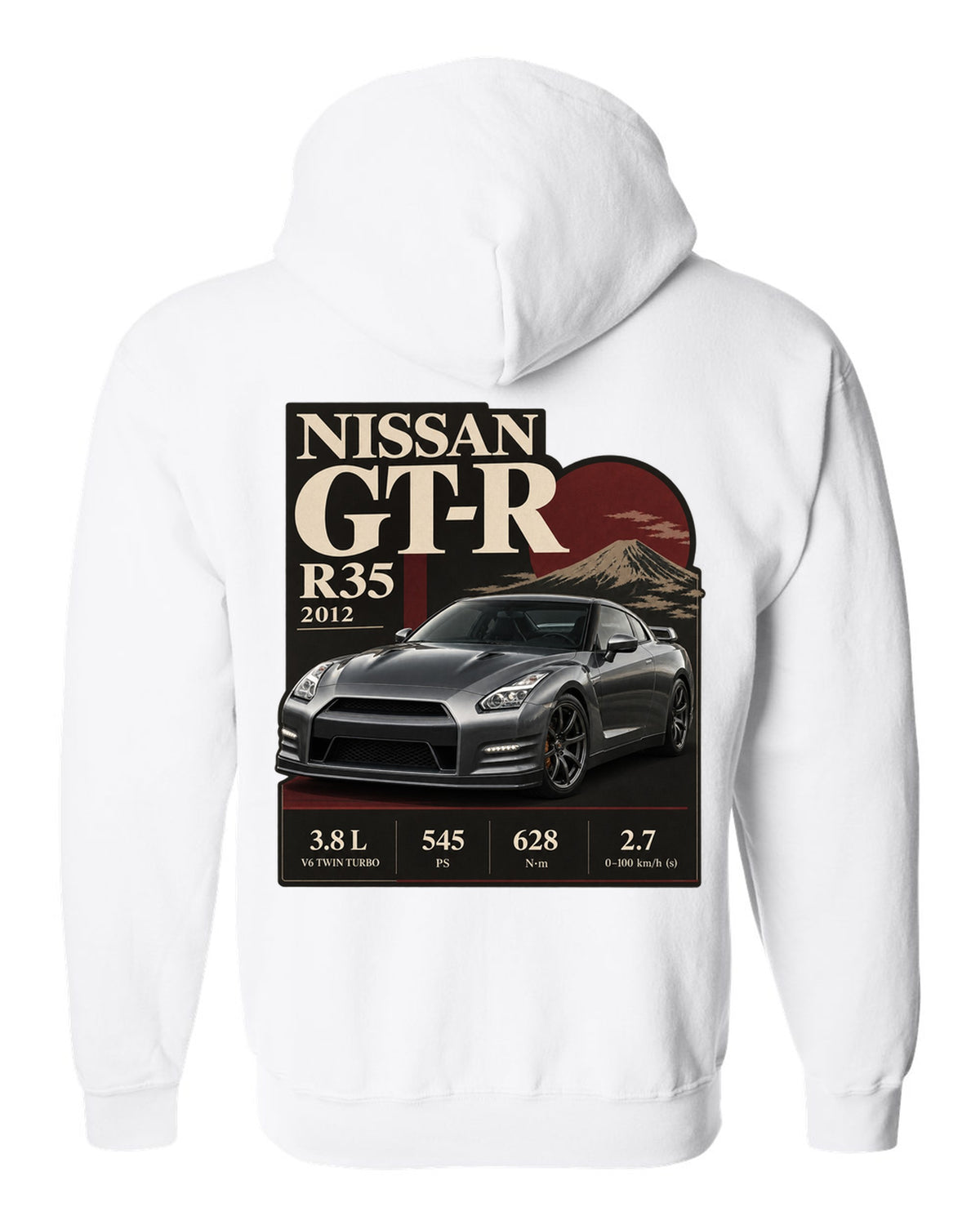 Nissan GT-R R35 2013 Track Edition in dossier panel layout white zip hoodie back view with the design