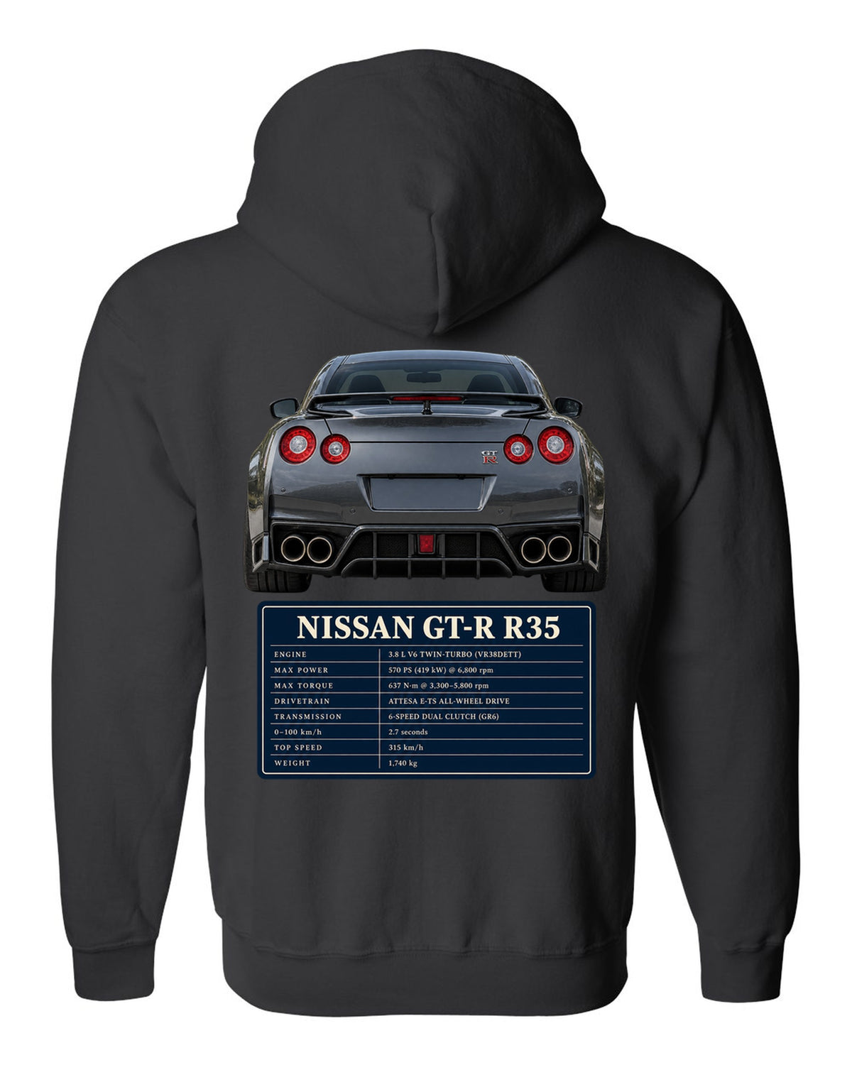 Close crop of Nissan GT-R R35 2014 Premium round taillights black zip hoodie back view with the design