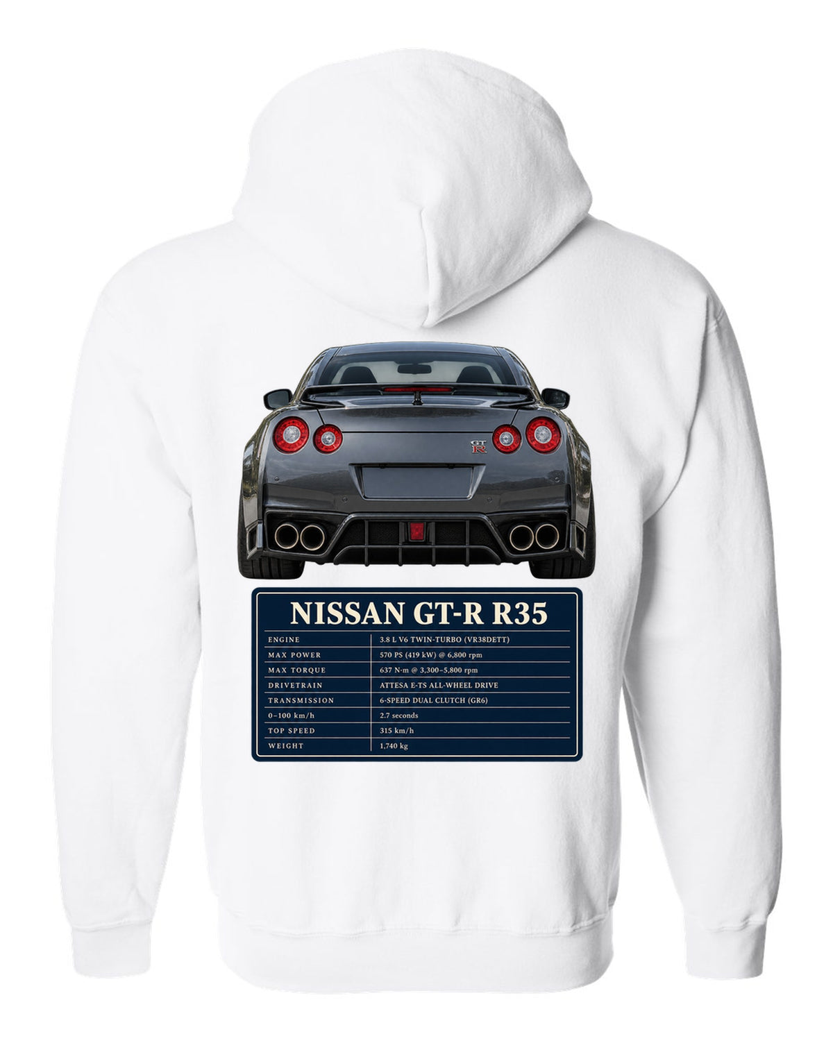 Close crop of Nissan GT-R R35 2014 Premium round taillights white zip hoodie back view with the design