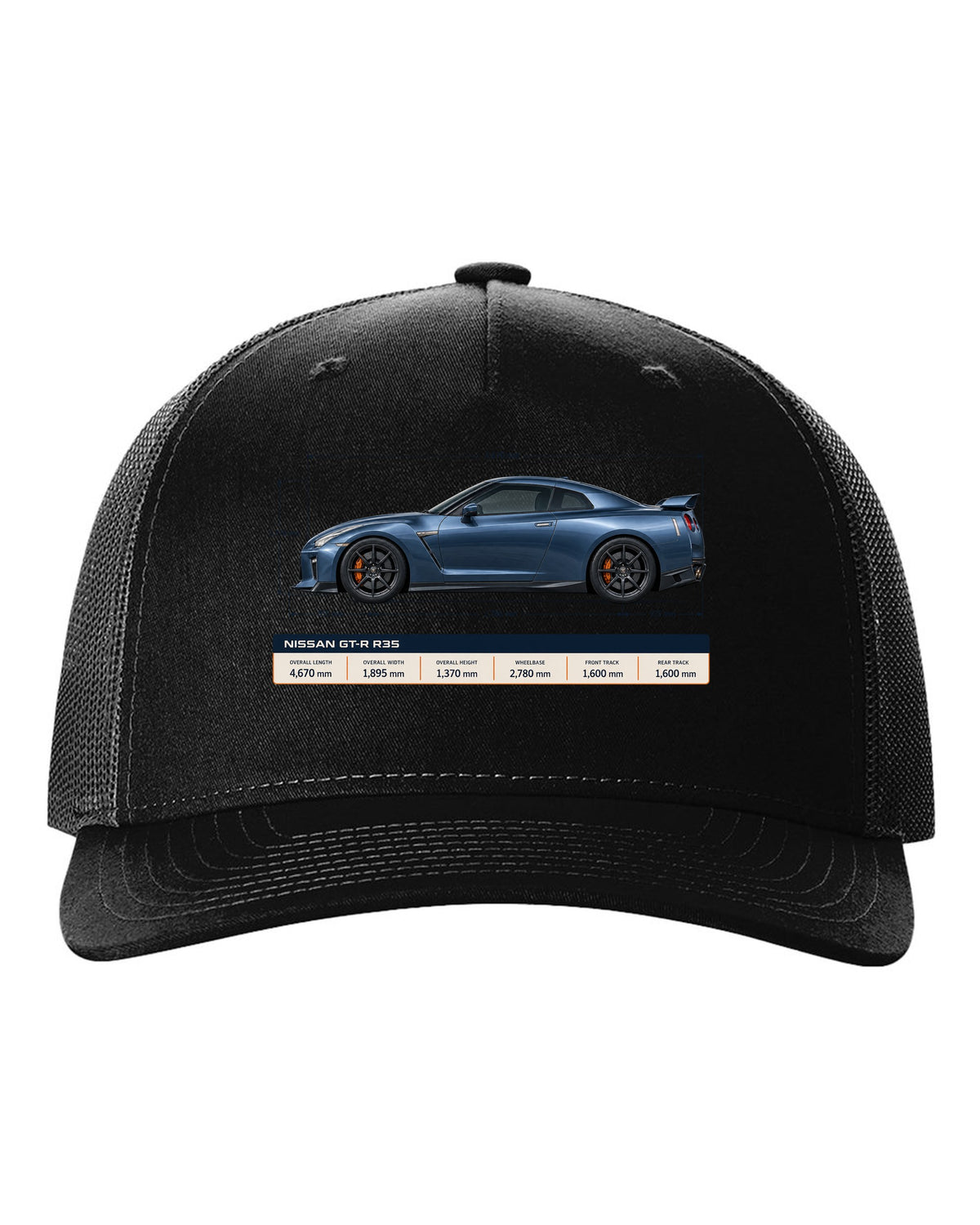 Nissan GT-R R35 Premium in gunmetal grey with an editorial headline layout black hat front view with the design