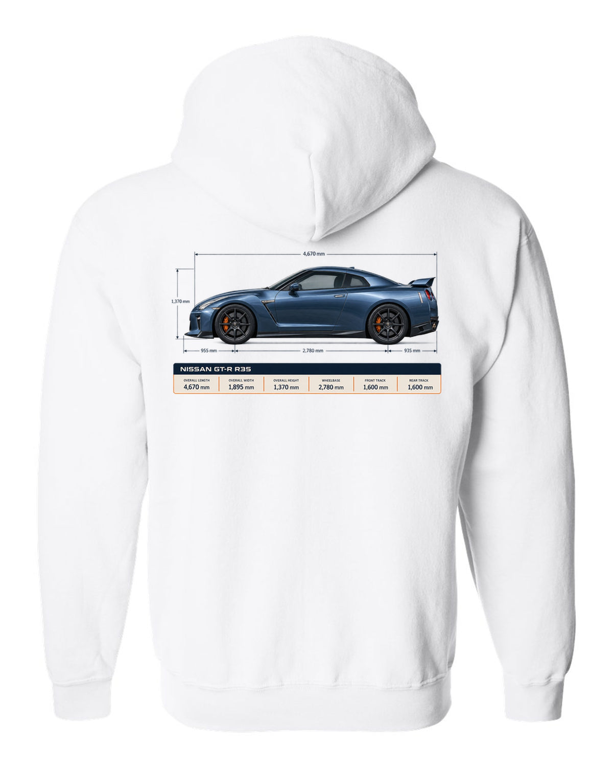 Nissan GT-R R35 Premium in gunmetal grey with an editorial headline layout white zip hoodie back view with the design