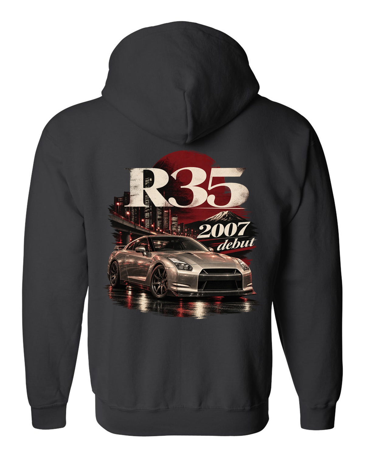 Nissan GT-R R35 2007 debut shape in warm silver on an archive panel black zip hoodie back view with the design