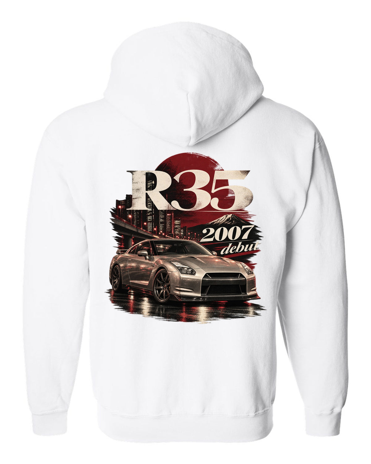 Nissan GT-R R35 2007 debut shape in warm silver on an archive panel white zip hoodie back view with the design