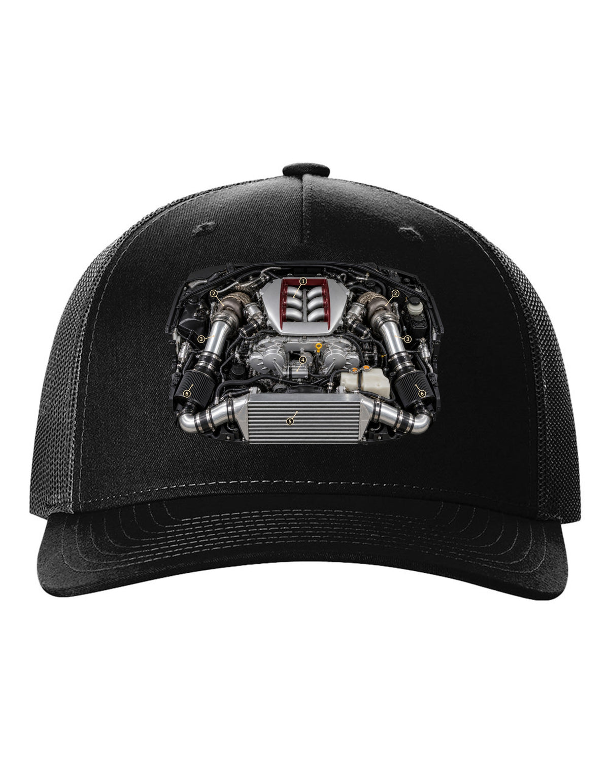 Nissan GT-R R35 early VR38DETT engine poster-style drawing black hat front view with the design