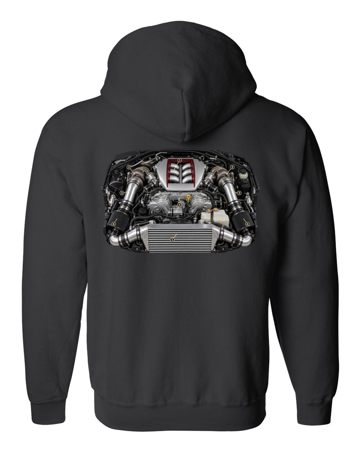 Nissan GT-R R35 early VR38DETT engine poster-style drawing black zip hoodie back view with the design