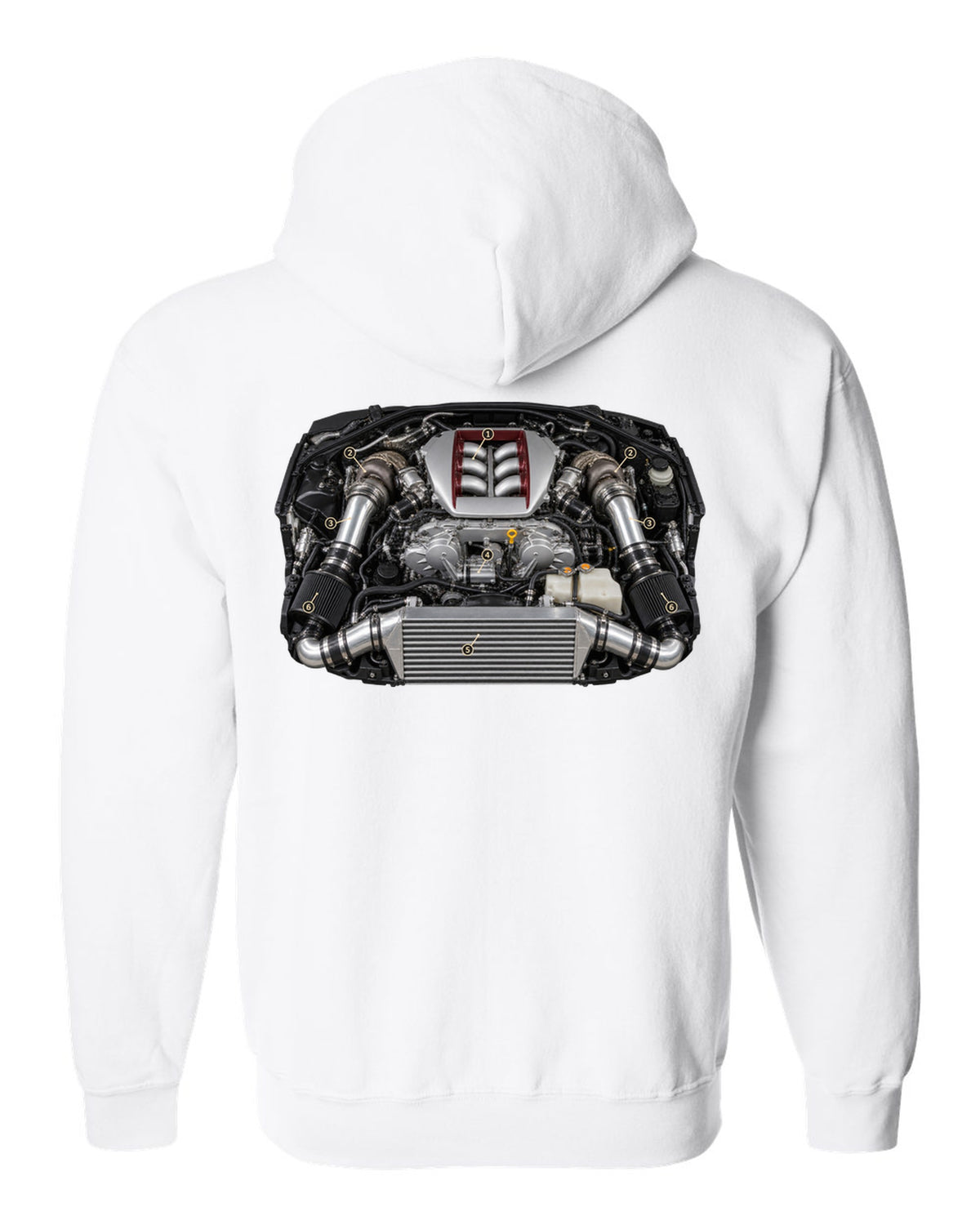 Nissan GT-R R35 early VR38DETT engine poster-style drawing white zip hoodie back view with the design