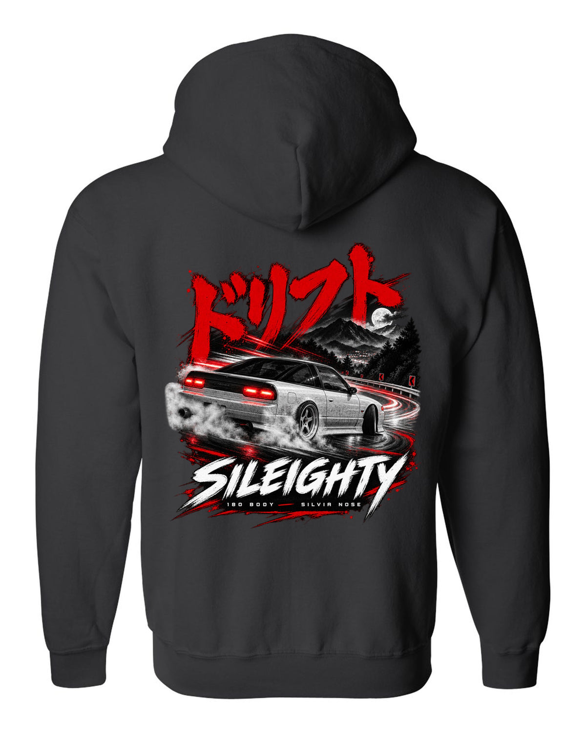 Touge night print of a Nissan Sileighty, 180SX body with Silvia nose black zip hoodie back view with the design