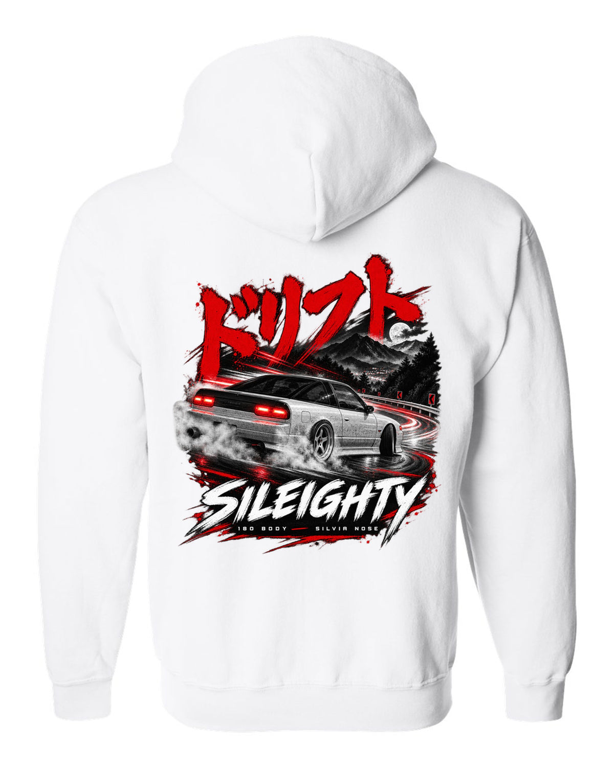 Touge night print of a Nissan Sileighty, 180SX body with Silvia nose white zip hoodie back view with the design