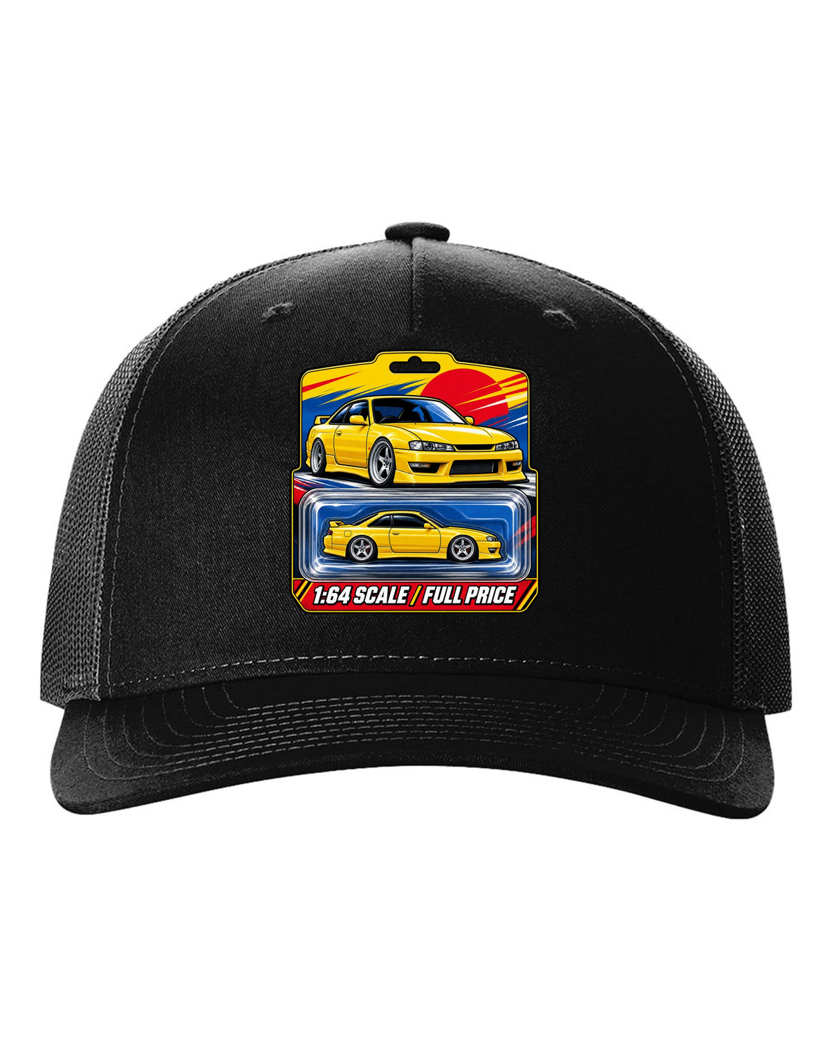Toy blister card layout print of a Nissan Silvia S14 with 1:64 scale full price text black hat front view with the design