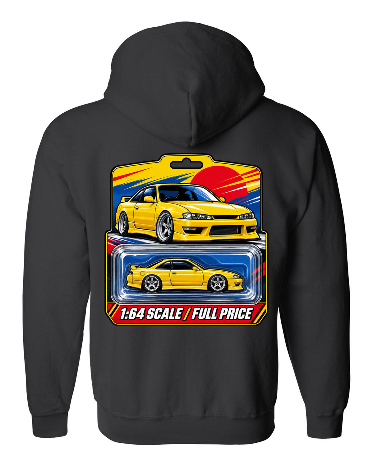 Toy blister card layout print of a Nissan Silvia S14 with 1:64 scale full price text black zip hoodie back view with the design