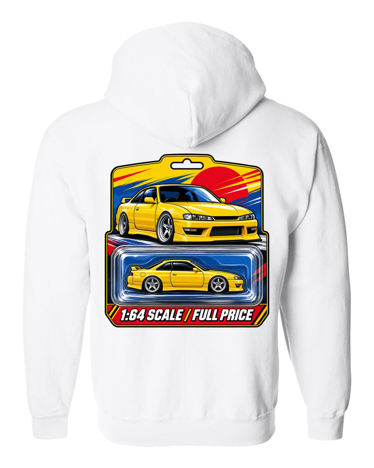 Toy blister card layout print of a Nissan Silvia S14 with 1:64 scale full price text white zip hoodie back view with the design