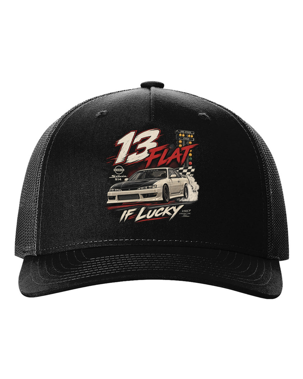Vintage race poster print of a Nissan Silvia S14 with 13 flat if lucky text black hat front view with the design