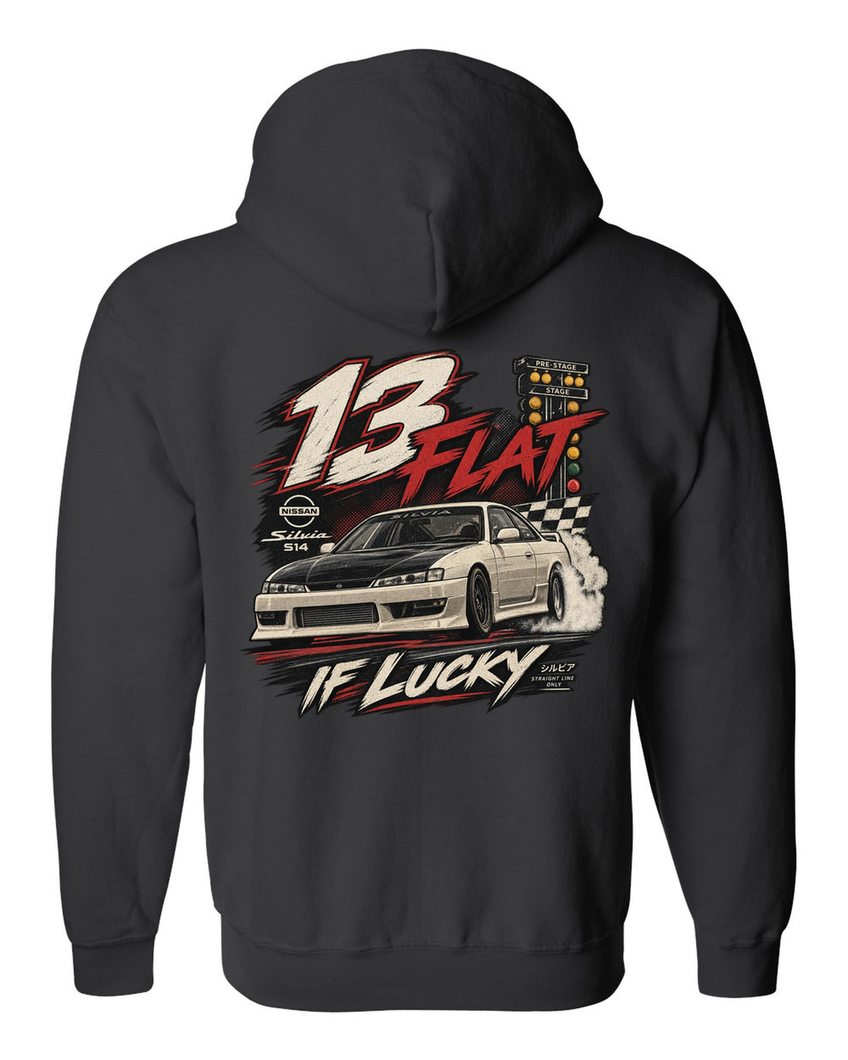 Vintage race poster print of a Nissan Silvia S14 with 13 flat if lucky text black zip hoodie back view with the design