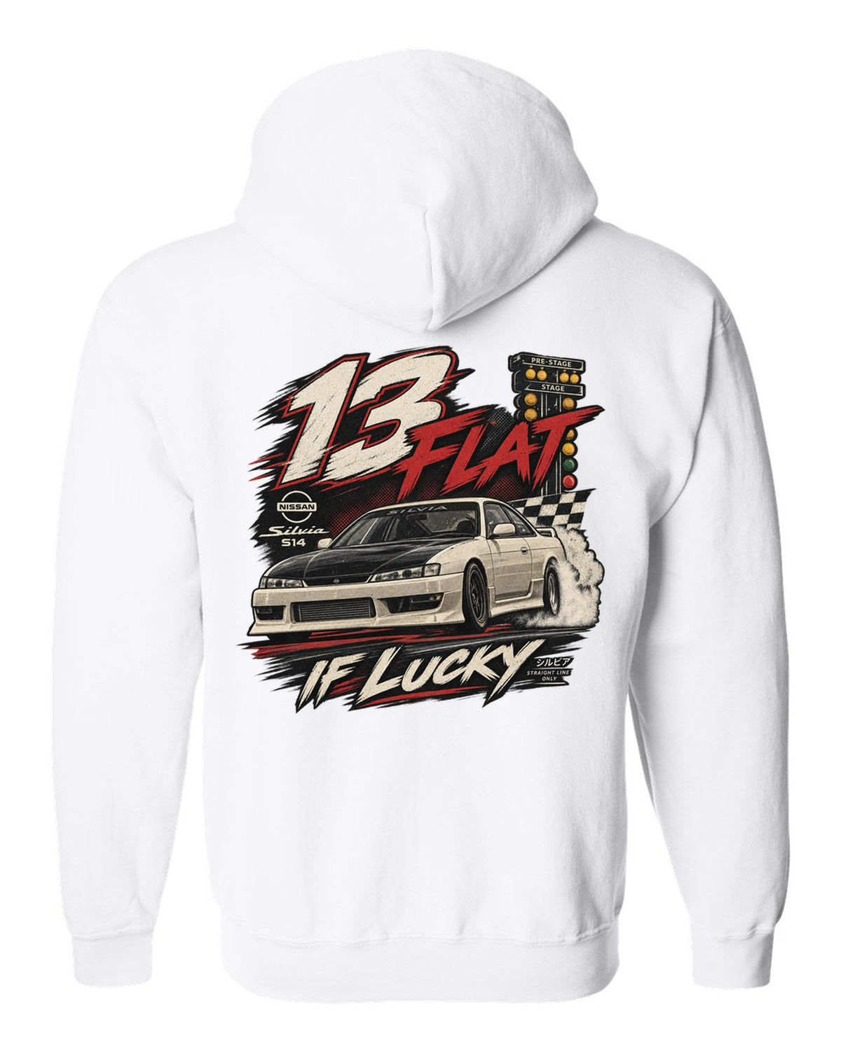 Vintage race poster print of a Nissan Silvia S14 with 13 flat if lucky text white zip hoodie back view with the design