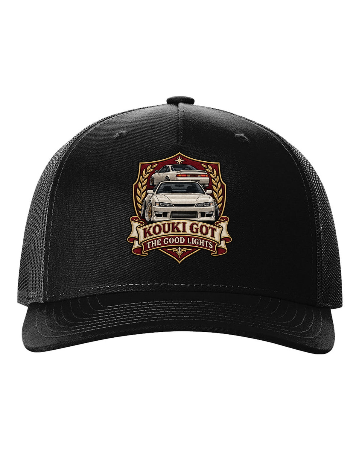Embroidered shield crest print for the Nissan Silvia S14 kouki reading Kouki Got the Good Lights black hat front view with the design