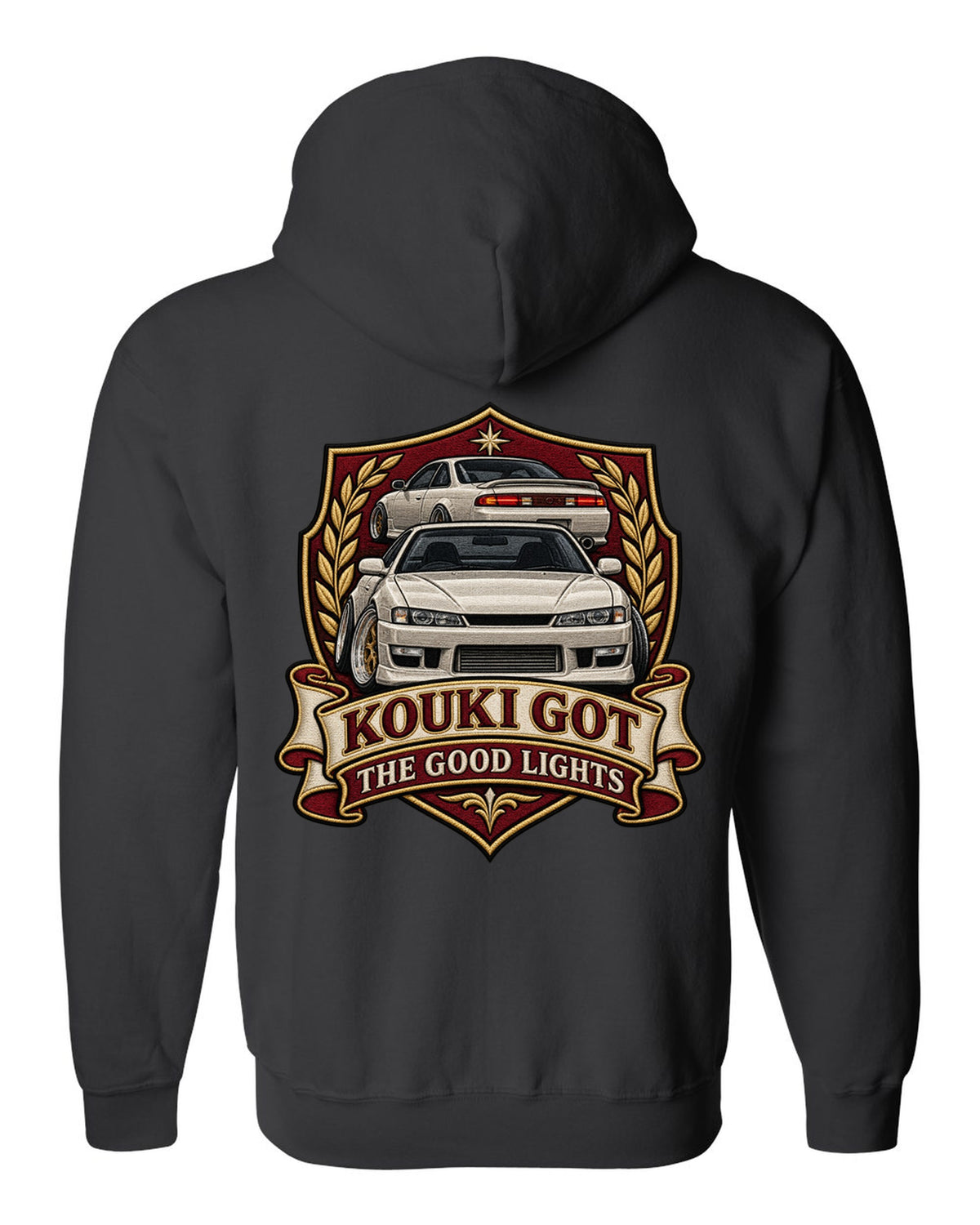 Embroidered shield crest print for the Nissan Silvia S14 kouki reading Kouki Got the Good Lights black zip hoodie back view with the design