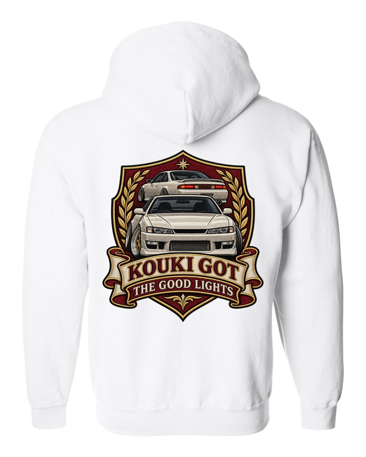 Embroidered shield crest print for the Nissan Silvia S14 kouki reading Kouki Got the Good Lights white zip hoodie back view with the design