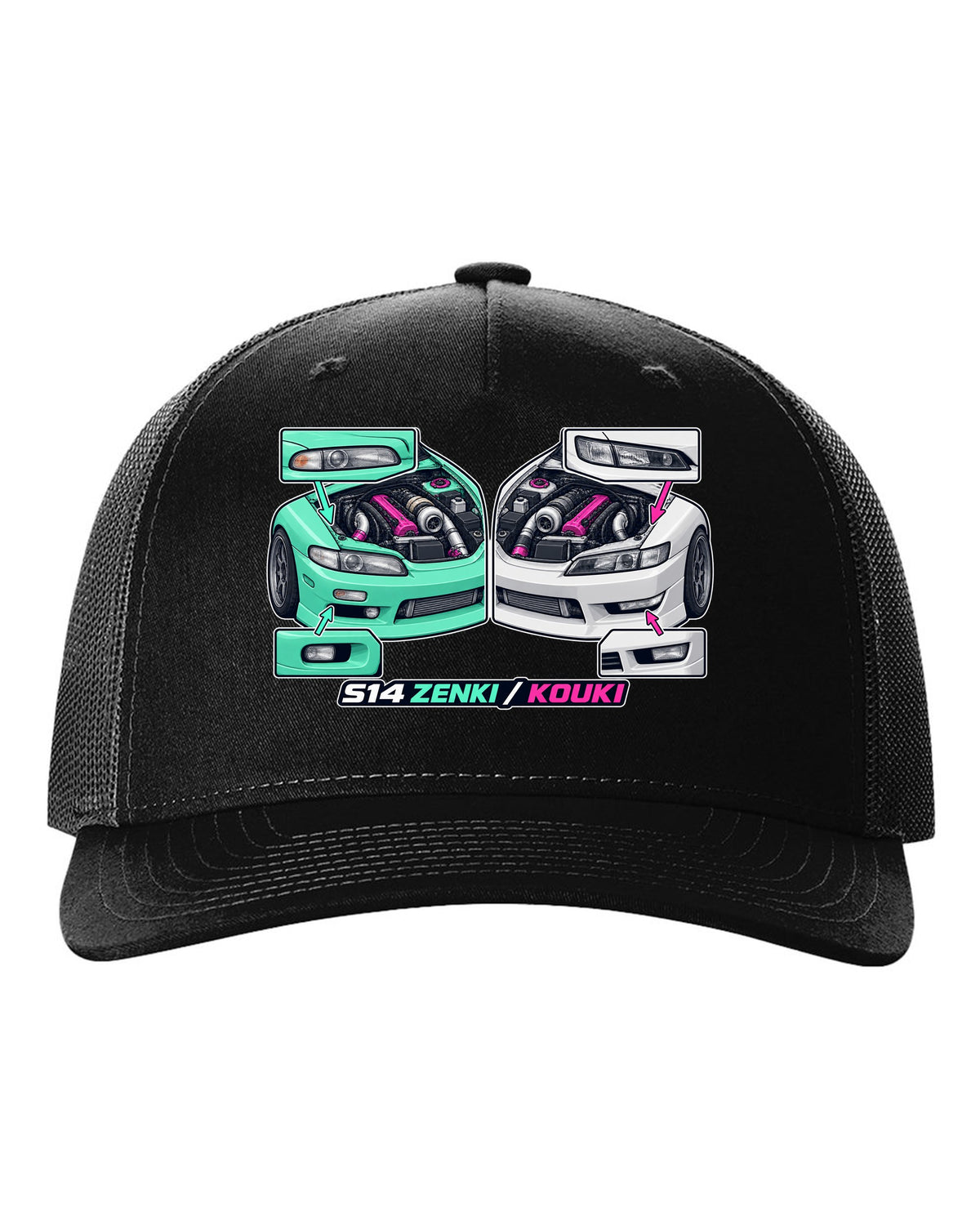 Isometric cutaway print of a 1993 Nissan Silvia S14 with Zenki and Kouki lettering black hat front view with the design