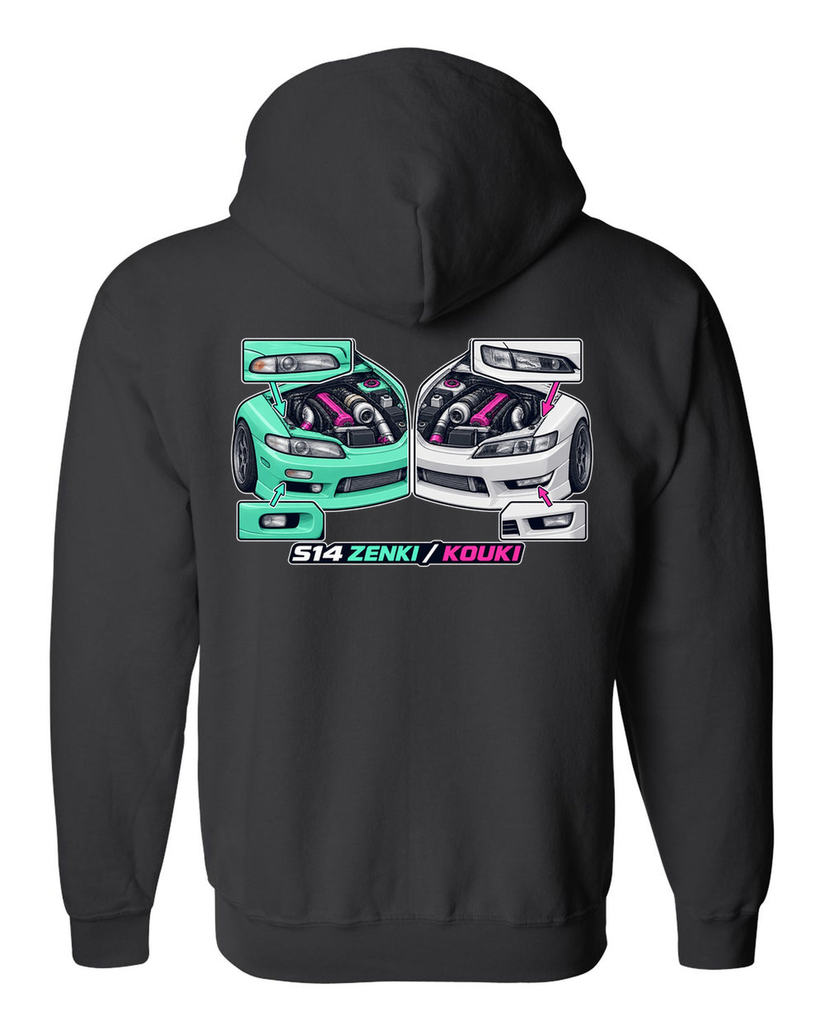 Isometric cutaway print of a 1993 Nissan Silvia S14 with Zenki and Kouki lettering black zip hoodie back view with the design