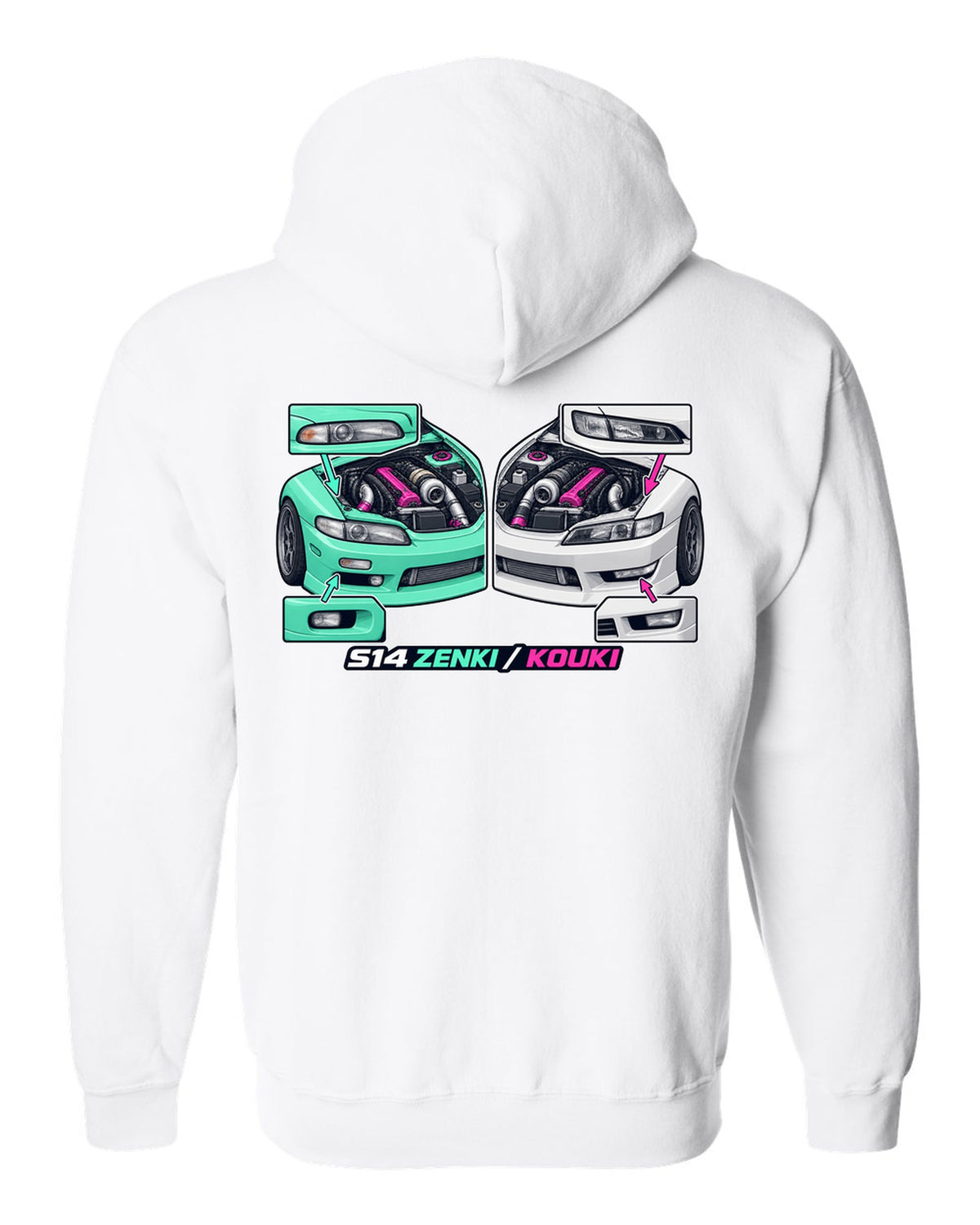 Isometric cutaway print of a 1993 Nissan Silvia S14 with Zenki and Kouki lettering white zip hoodie back view with the design