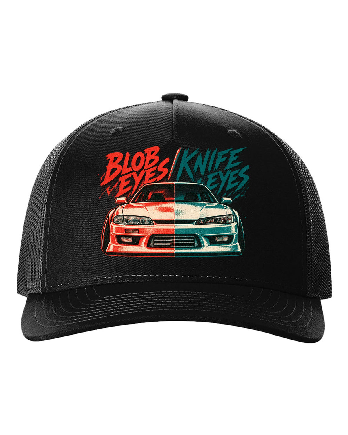 Risograph two-colour print comparing Nissan Silvia S14 zenki and kouki front ends black hat front view with the design