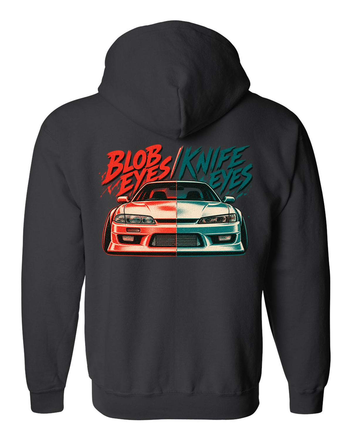Risograph two-colour print comparing Nissan Silvia S14 zenki and kouki front ends black zip hoodie back view with the design
