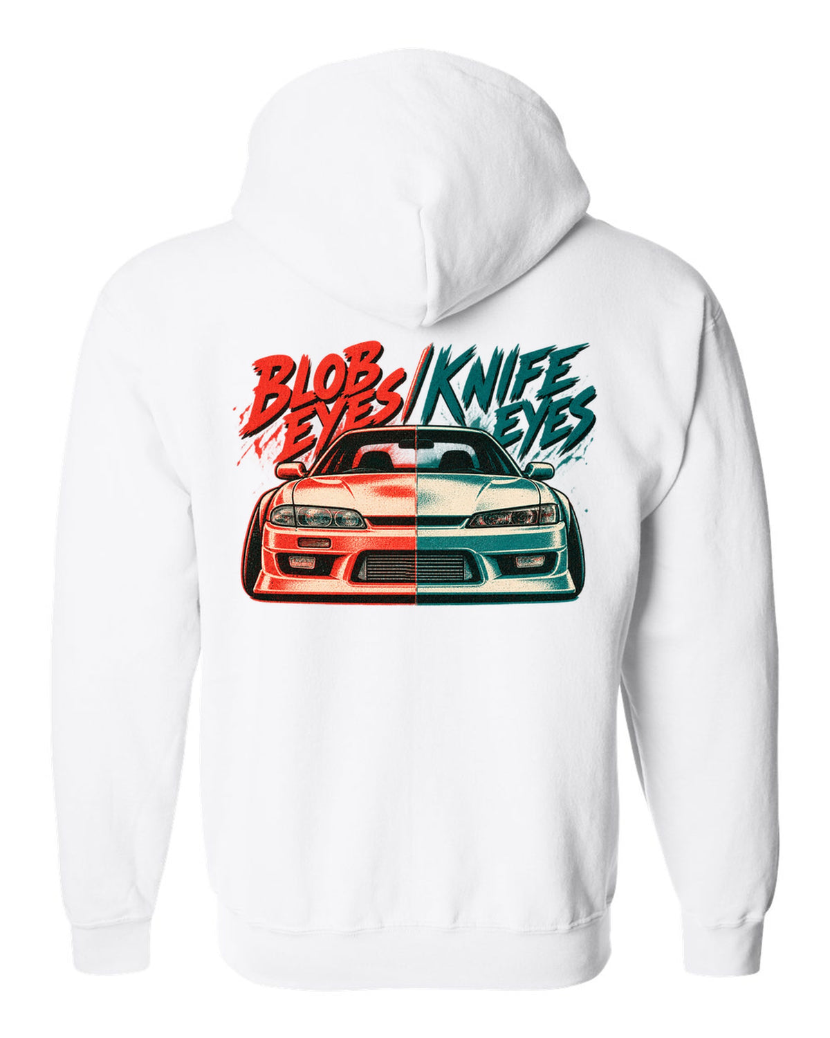 Risograph two-colour print comparing Nissan Silvia S14 zenki and kouki front ends white zip hoodie back view with the design