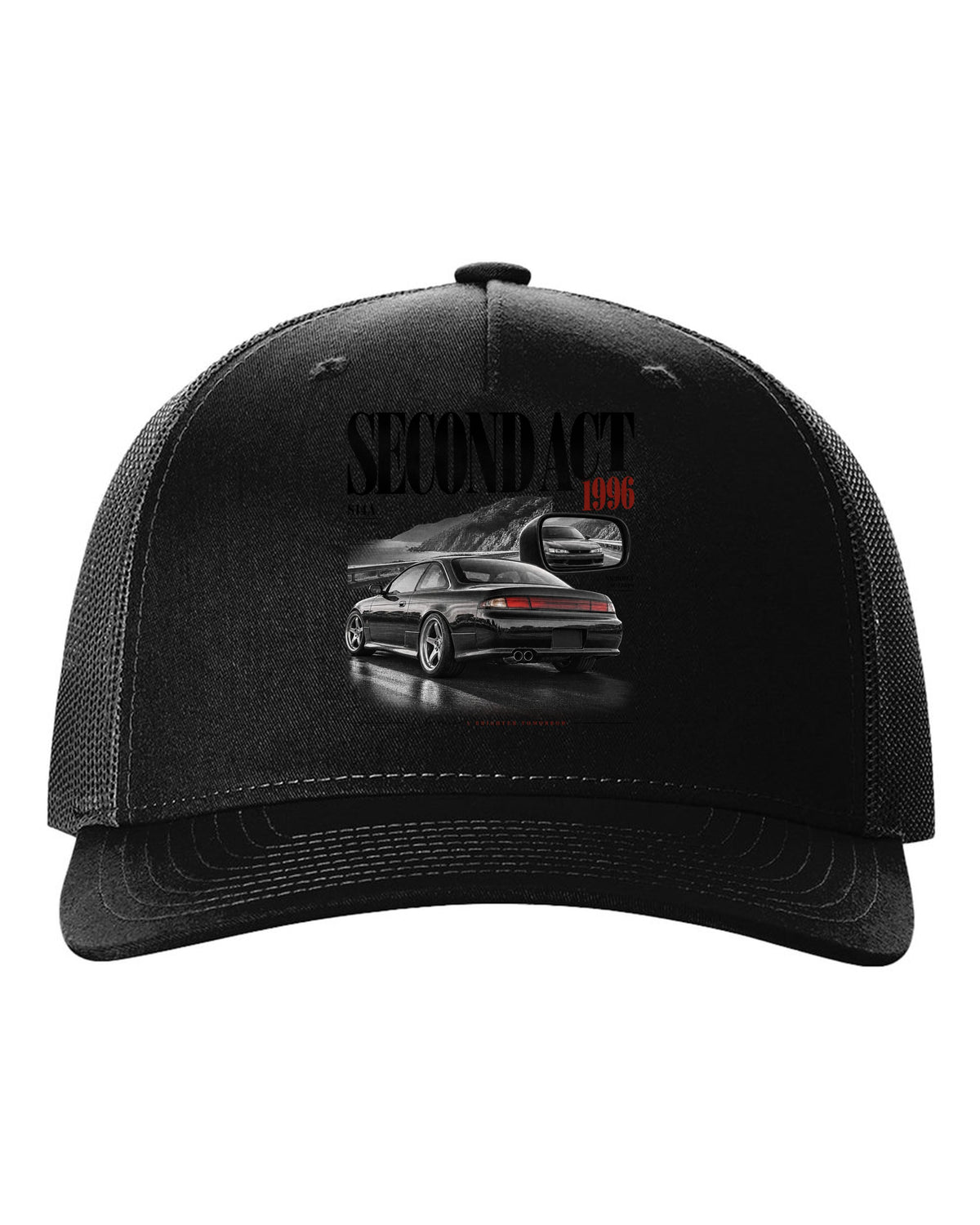 Editorial headline layout of a Nissan Silvia S14 kouki with Second Act, 1996 and projector headlights lettering black hat front view with the design