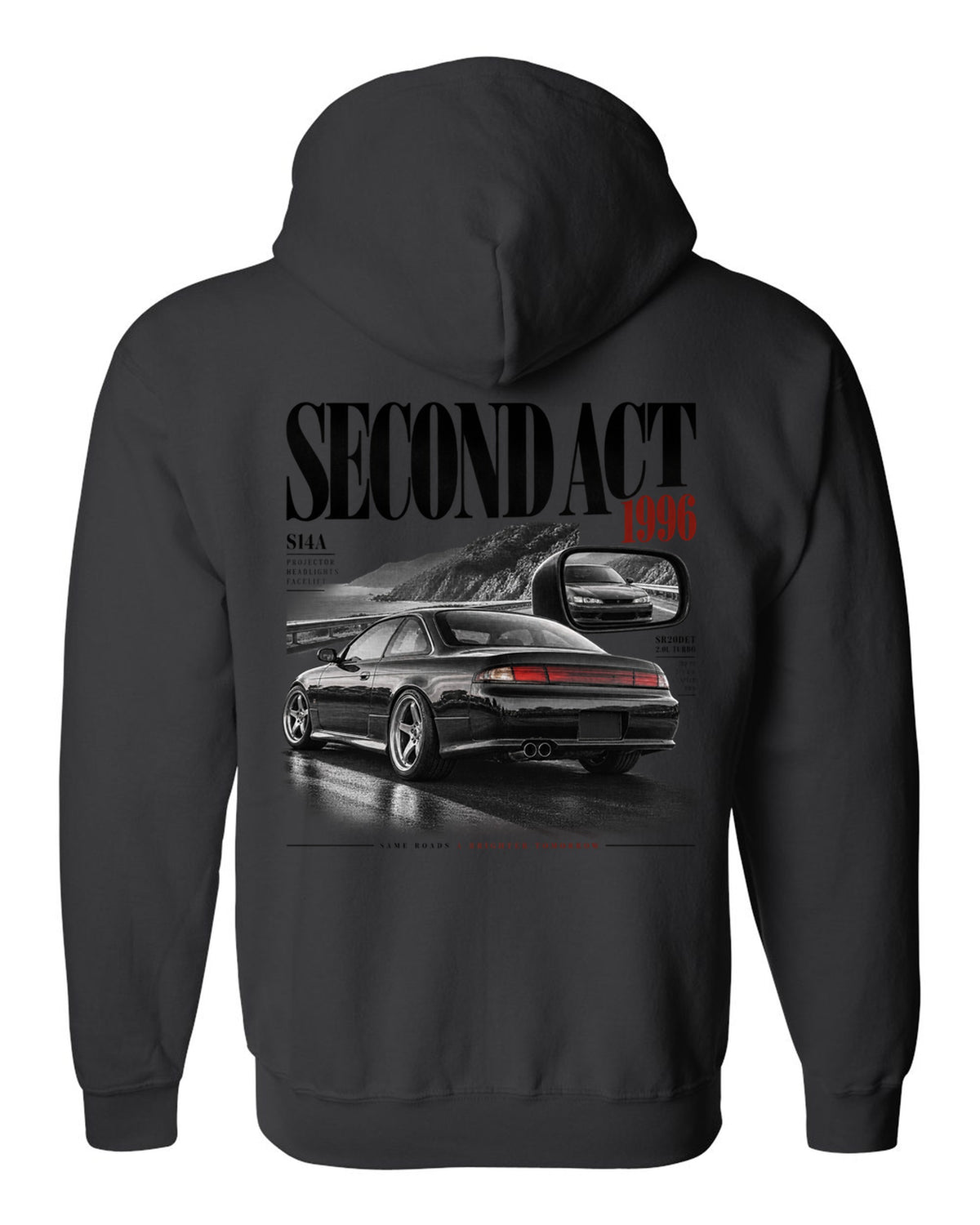 Editorial headline layout of a Nissan Silvia S14 kouki with Second Act, 1996 and projector headlights lettering black zip hoodie back view with the design