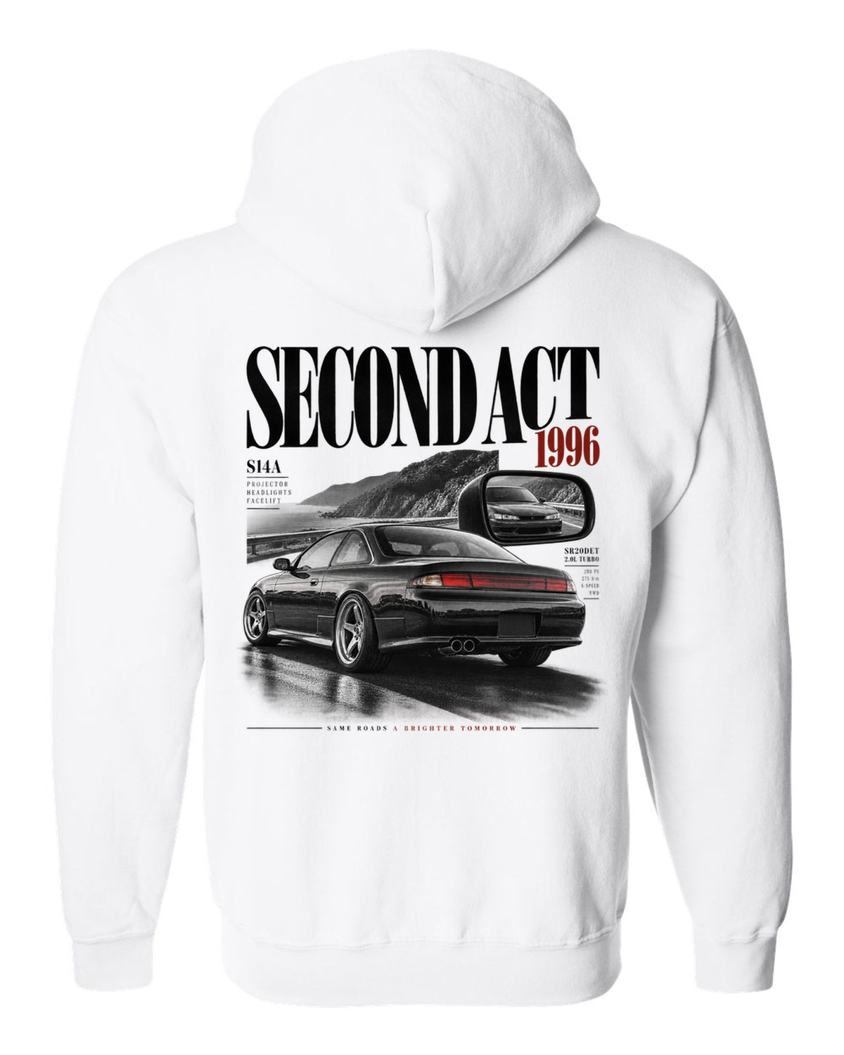 Editorial headline layout of a Nissan Silvia S14 kouki with Second Act, 1996 and projector headlights lettering white zip hoodie back view with the design