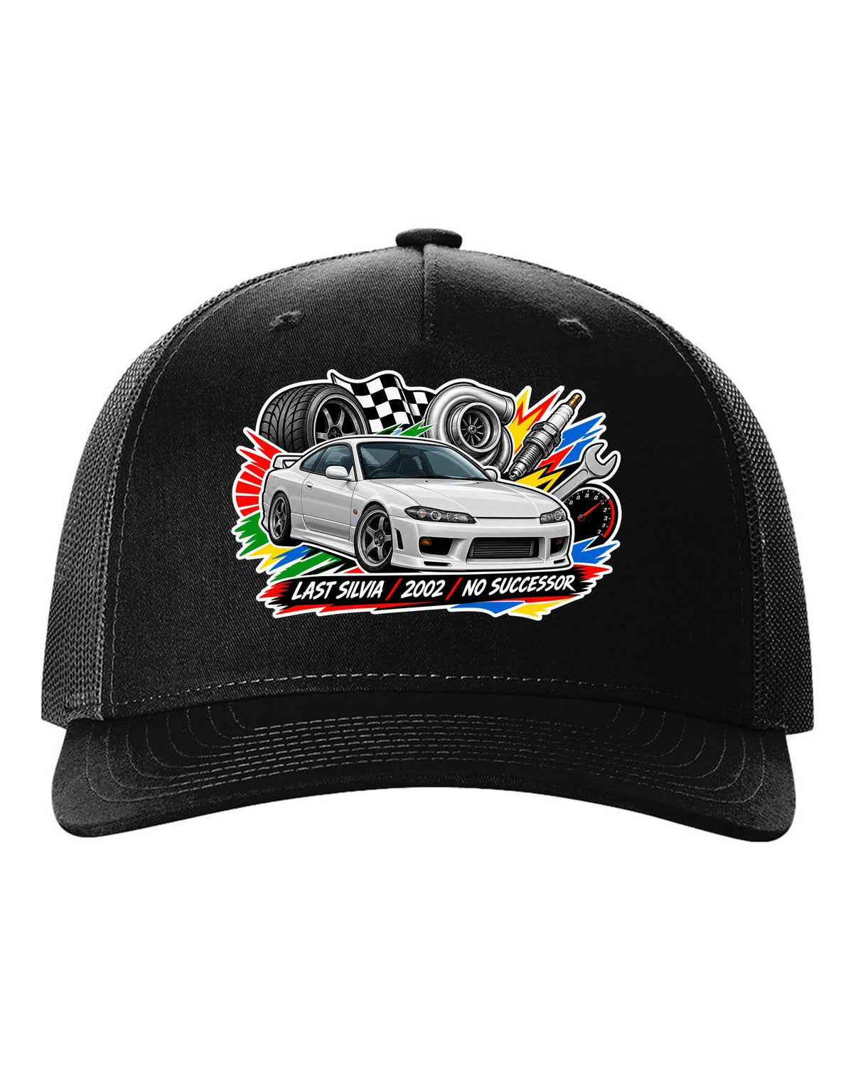 Sticker-bomb collage print for the Nissan Silvia S15 with last Silvia 2002 no successor lettering black hat front view with the design