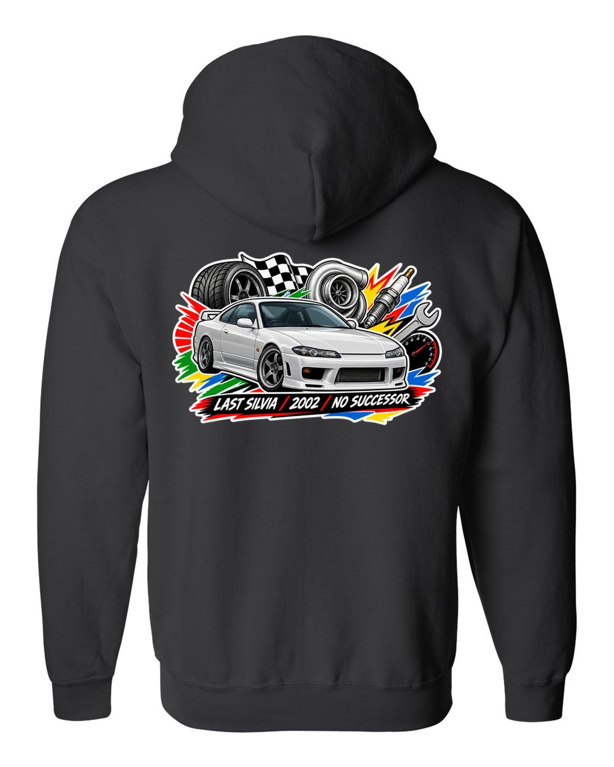 Sticker-bomb collage print for the Nissan Silvia S15 with last Silvia 2002 no successor lettering black zip hoodie back view with the design