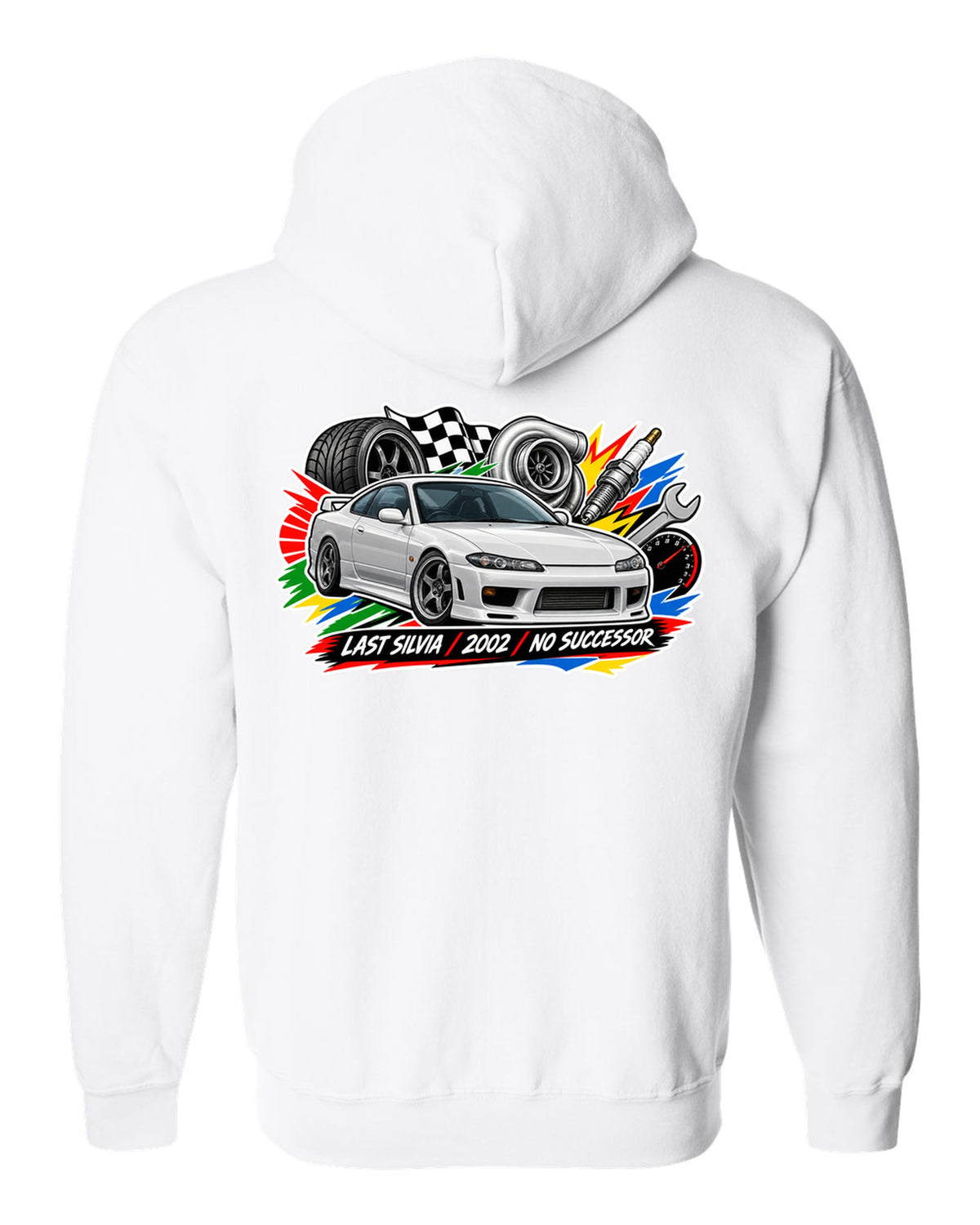 Sticker-bomb collage print for the Nissan Silvia S15 with last Silvia 2002 no successor lettering white zip hoodie back view with the design